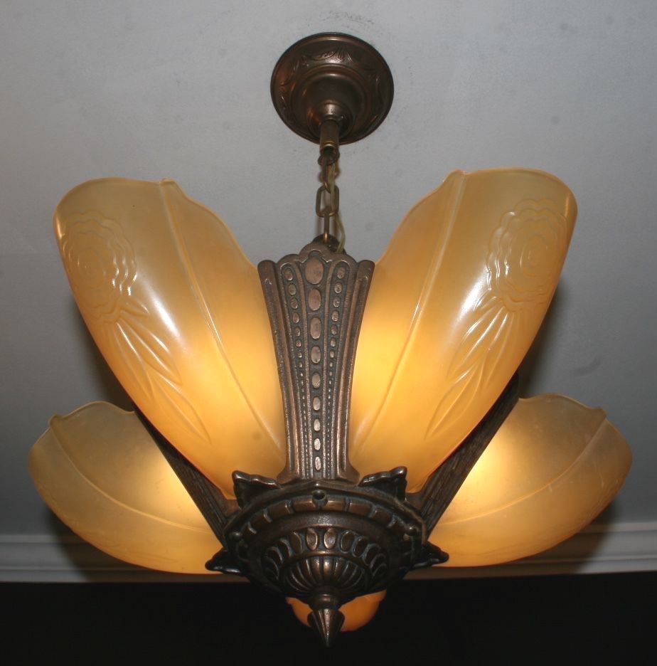 Antique 20s amber glass slip shade Art Deco light fixture ceiling chandelier