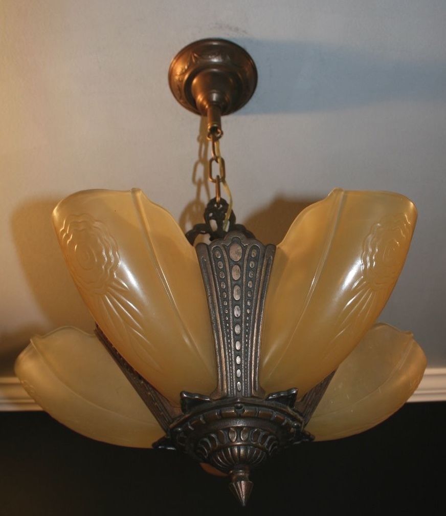 Antique 20s amber glass slip shade Art Deco light fixture ceiling chandelier