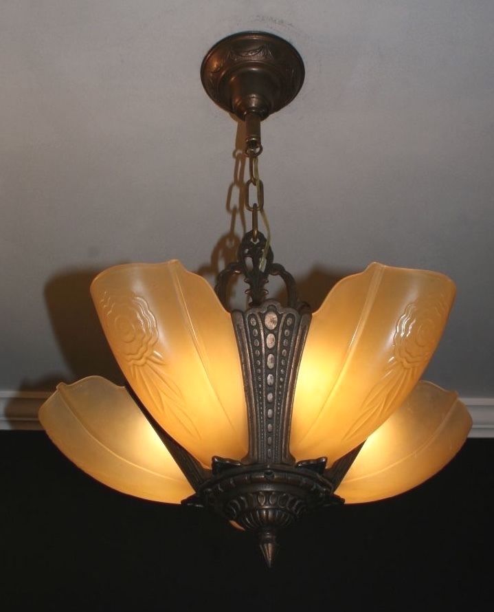 Antique 20s amber glass slip shade Art Deco light fixture ceiling chandelier