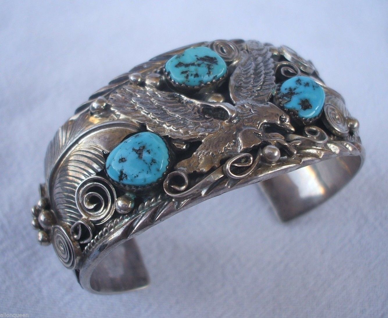 Signed Vintage NAVAJO Sterling Silver & Turquoise Cuff BRACELET Applied Eagle