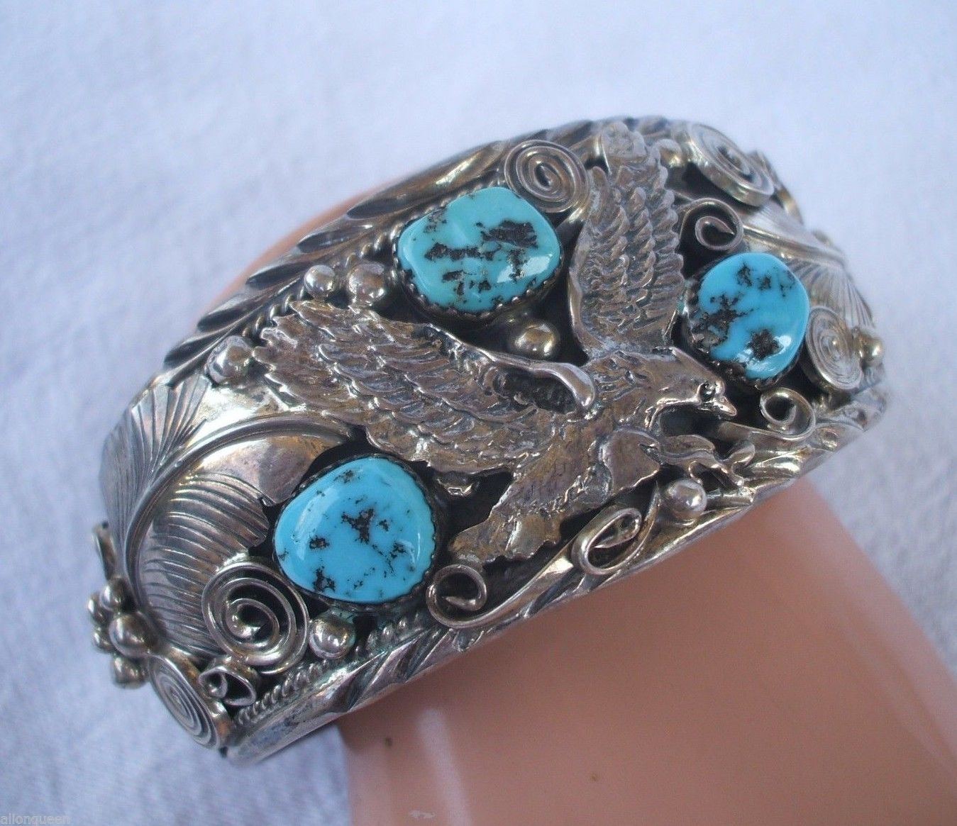 Signed Vintage NAVAJO Sterling Silver & Turquoise Cuff BRACELET Applied Eagle