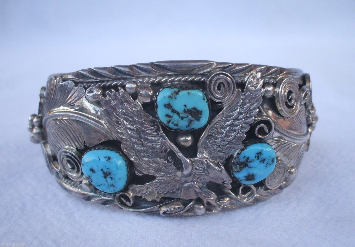 Signed Vintage NAVAJO Sterling Silver & Turquoise Cuff BRACELET Applied Eagle