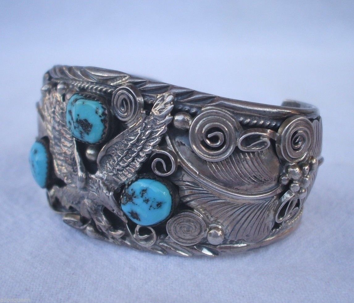 Signed Vintage NAVAJO Sterling Silver & Turquoise Cuff BRACELET Applied Eagle