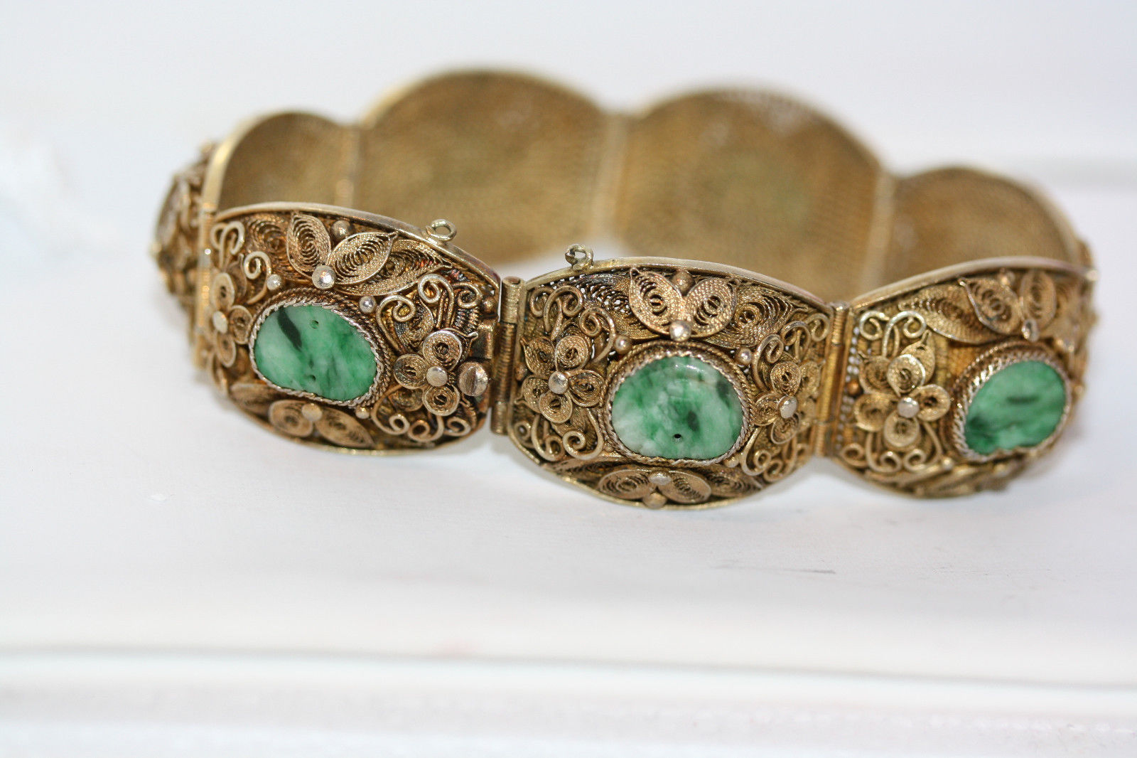 Antique Chinese Sterling Silver Jade Gold Washed Filigree Vintage Jade Bracelet