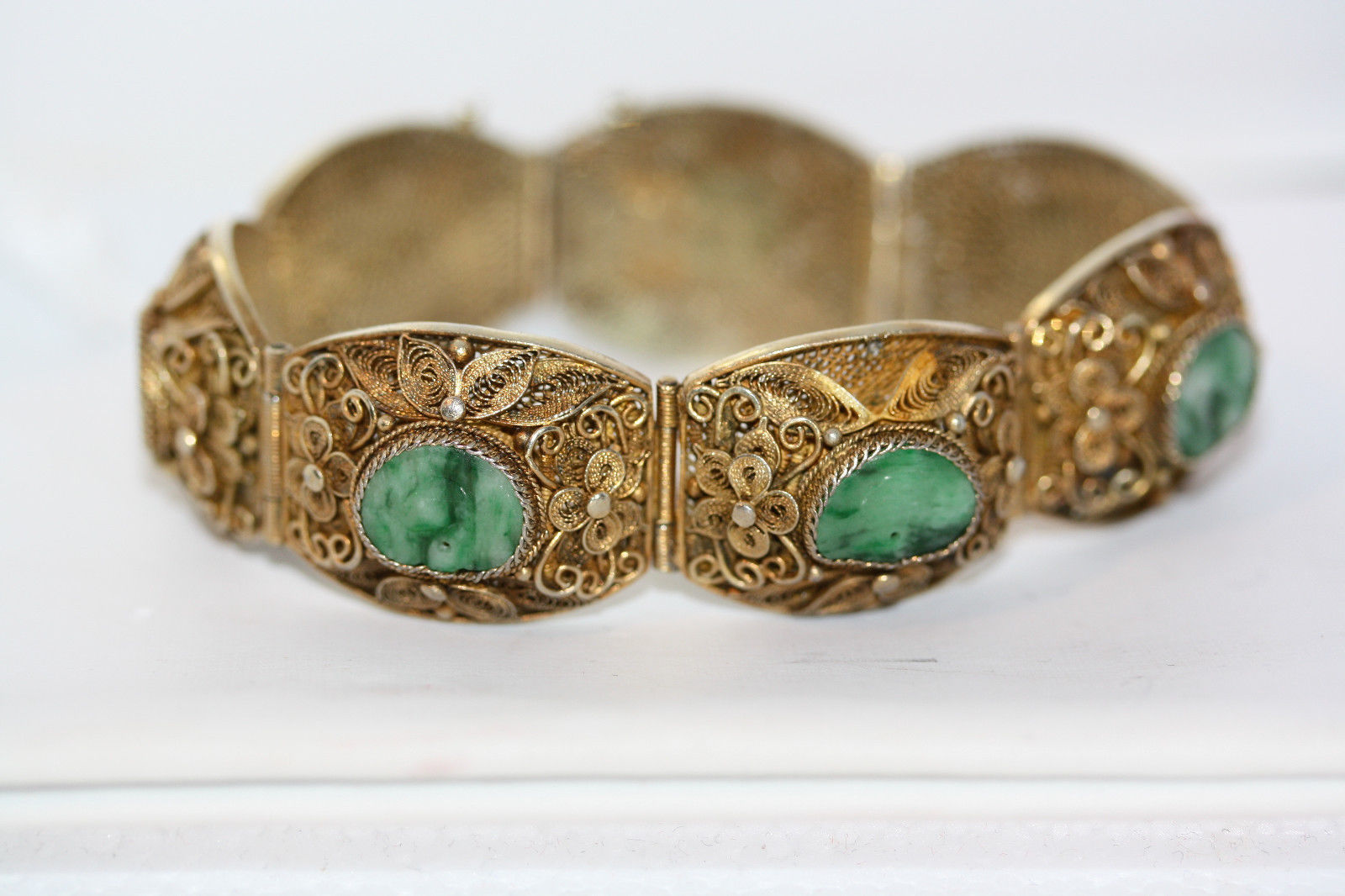 Antique Chinese Sterling Silver Jade Gold Washed Filigree Vintage Jade Bracelet