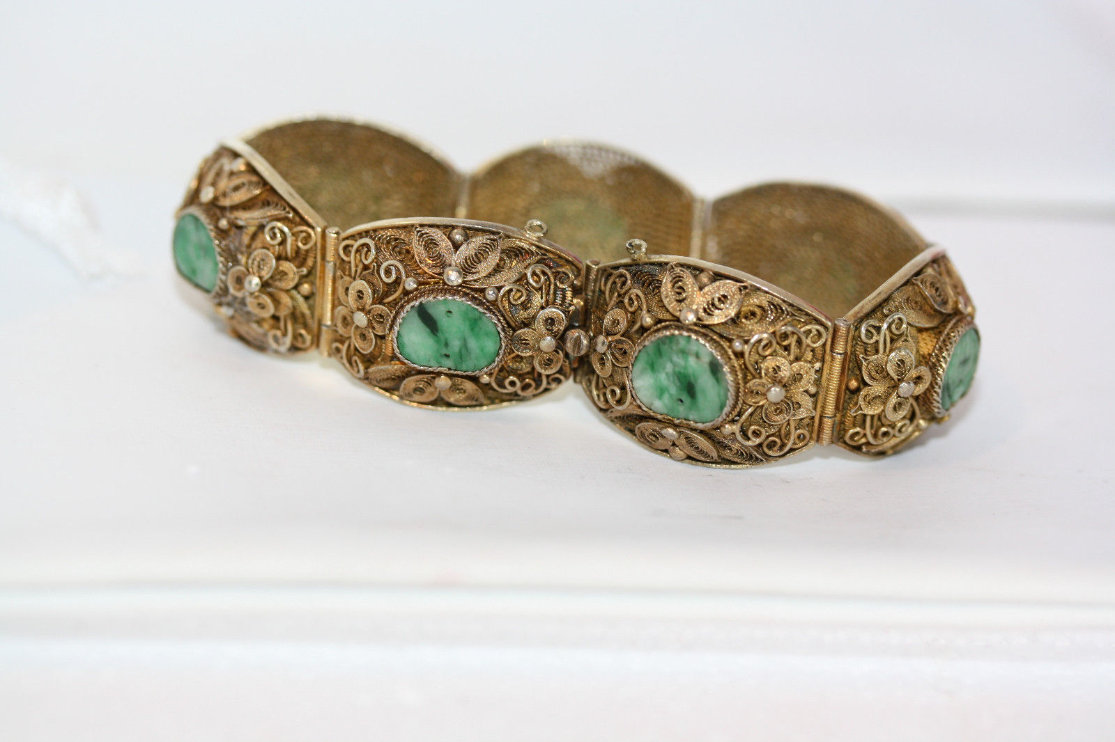 Antique Chinese Sterling Silver Jade Gold Washed Filigree Vintage Jade Bracelet