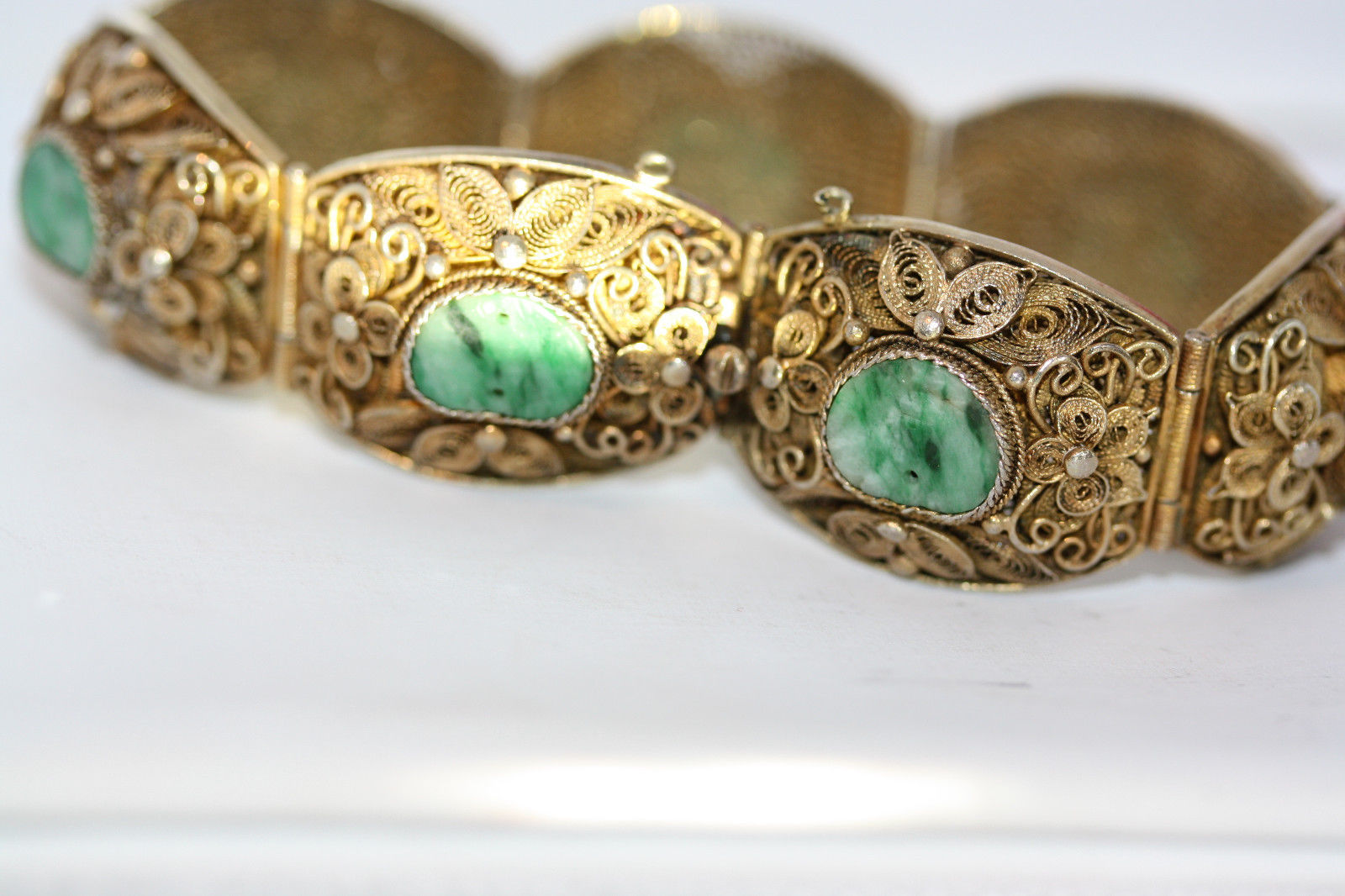 Antique Chinese Sterling Silver Jade Gold Washed Filigree Vintage Jade Bracelet