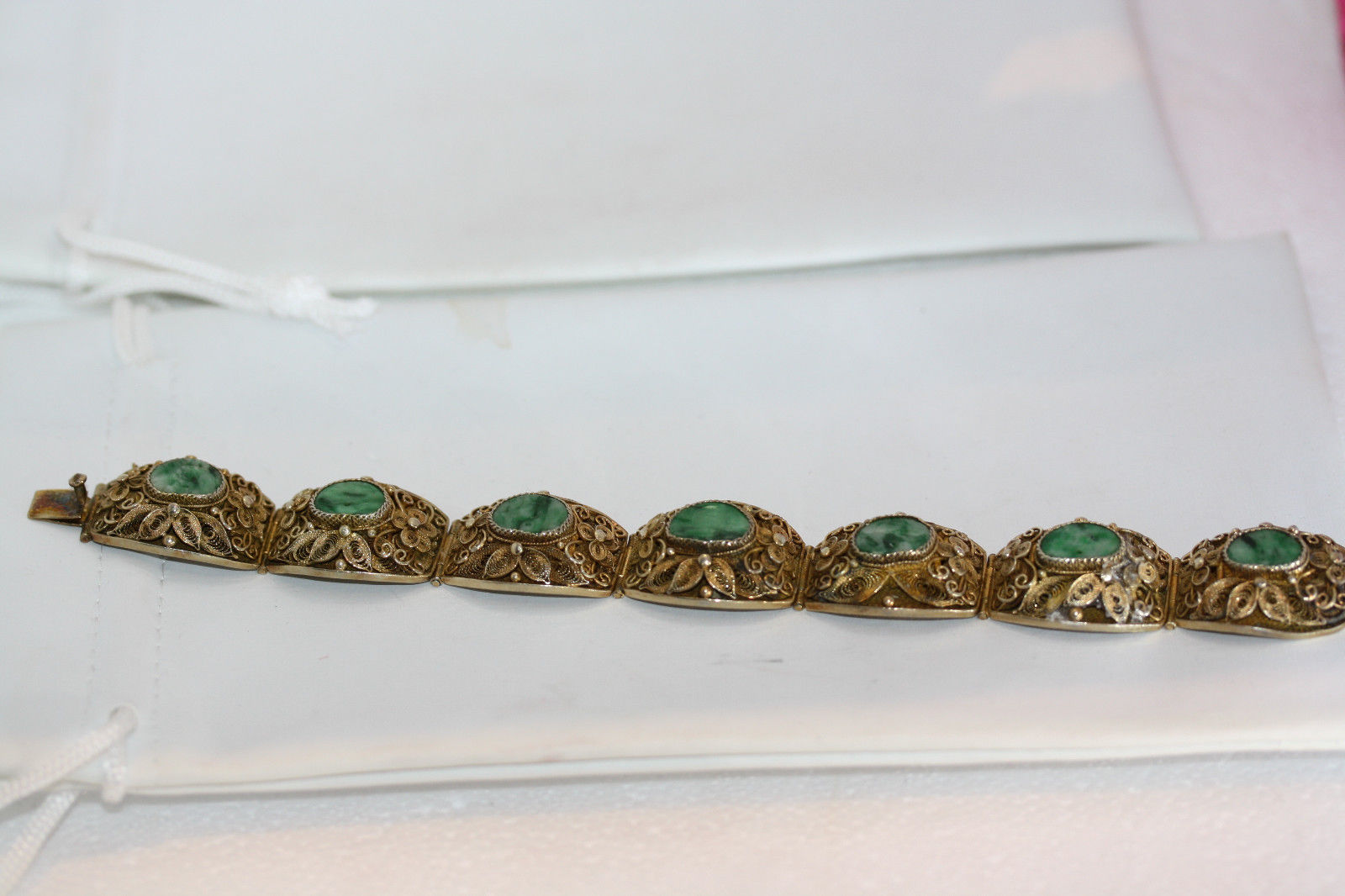 Antique Chinese Sterling Silver Jade Gold Washed Filigree Vintage Jade Bracelet