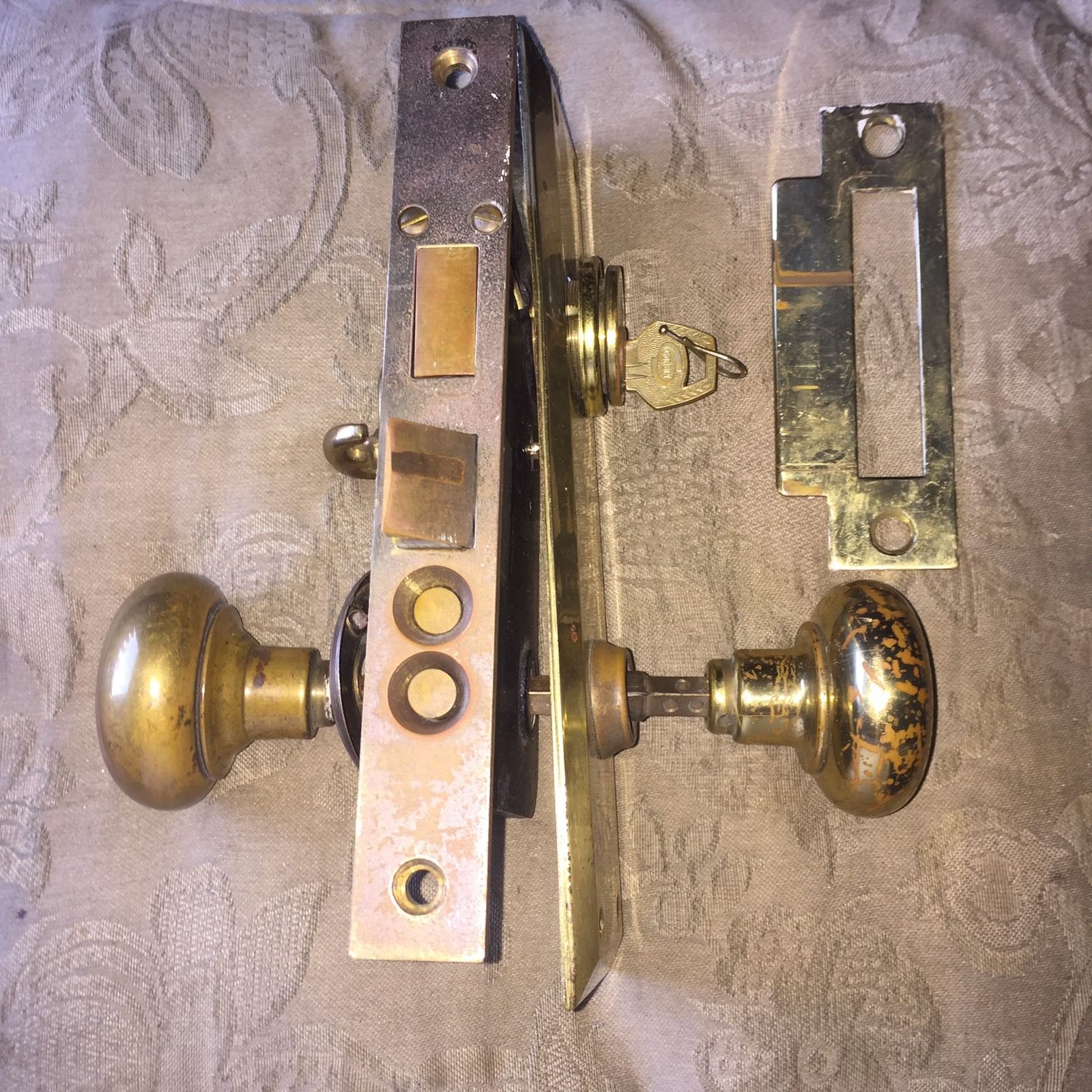 Antique  Exterior Entry Door Lockset Art Deco Knob Plate LockSet &  Key