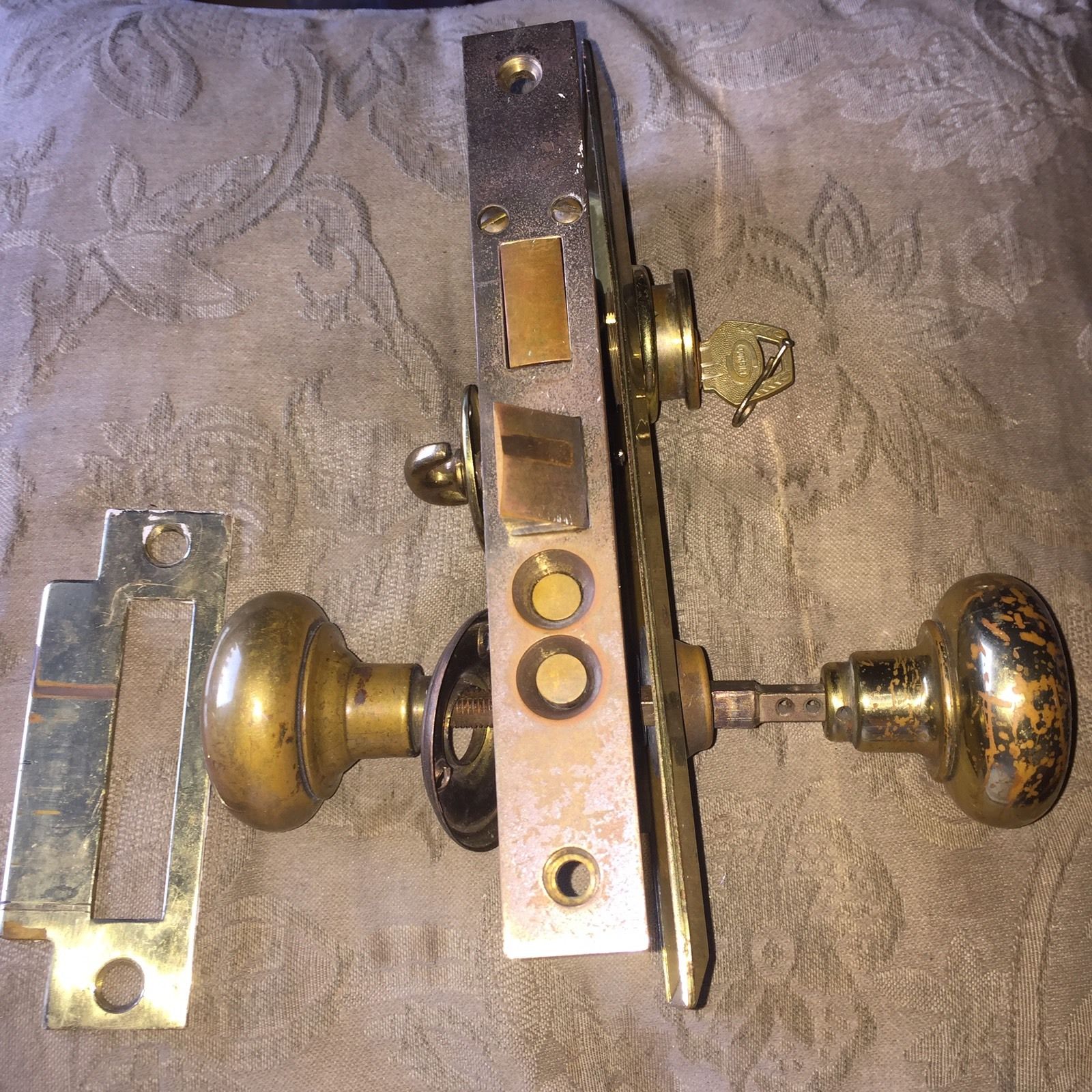 Antique  Exterior Entry Door Lockset Art Deco Knob Plate LockSet &  Key