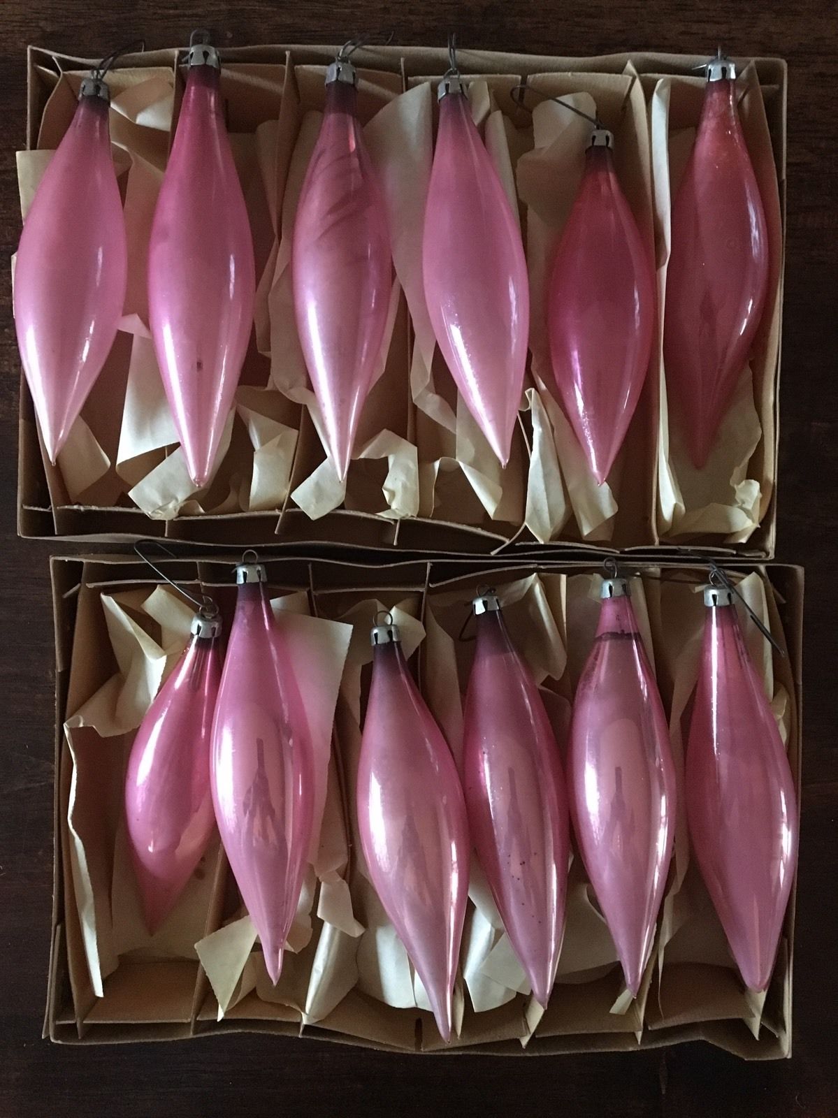 Vintage Lot of 2 BOXES of 6 Teardrop Glass Pink Ornaments Made in Poland