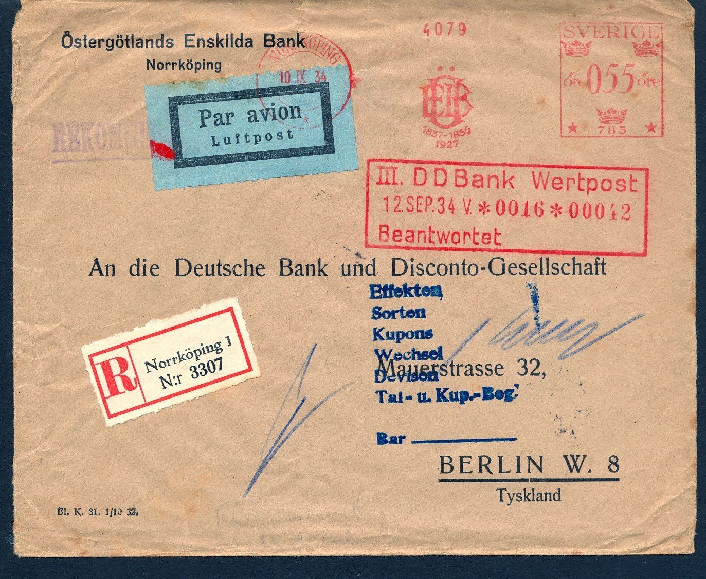 Sweden 1934 meter, Norrkoping to Berlin, Germany registered airmail