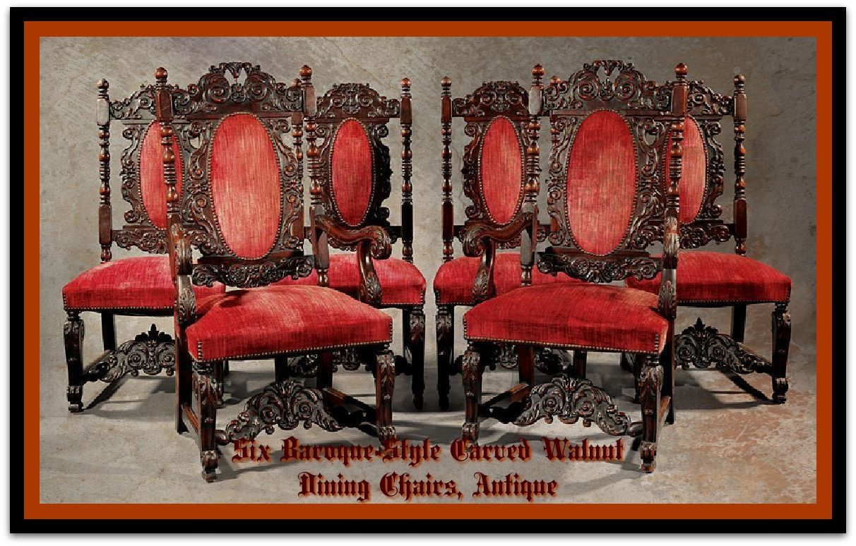 Six Baroque-Style Carved Walnut Dining Chairs, antique