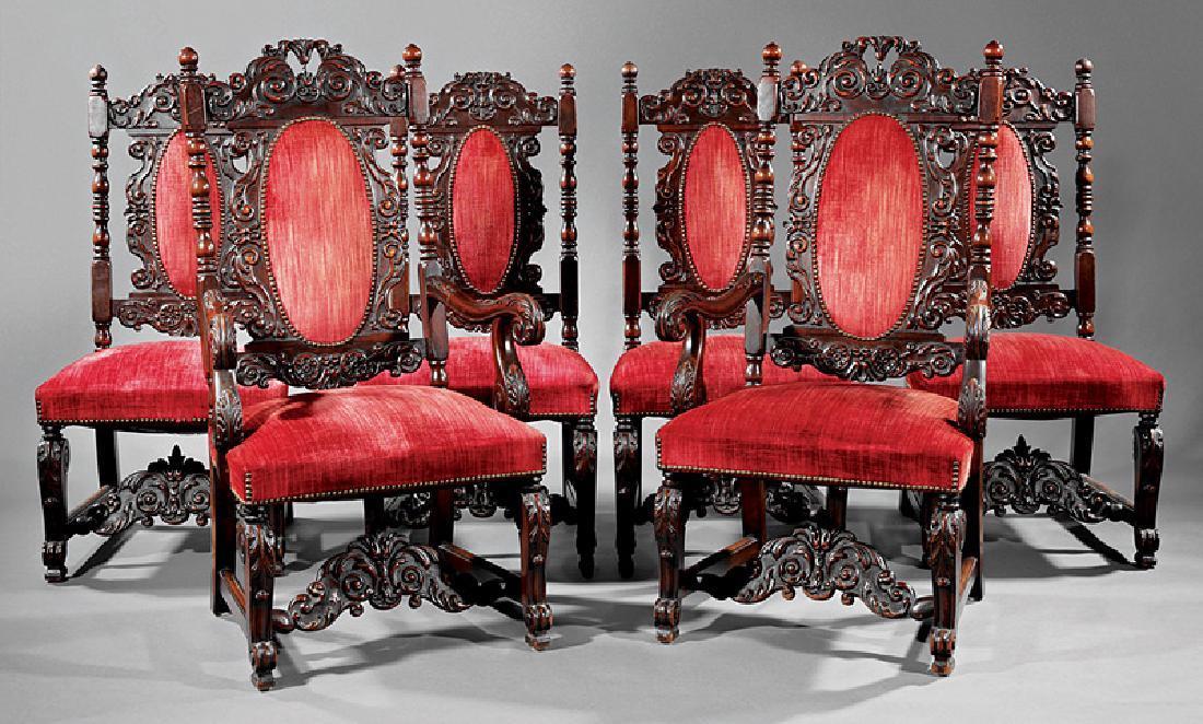 Six Baroque-Style Carved Walnut Dining Chairs, antique