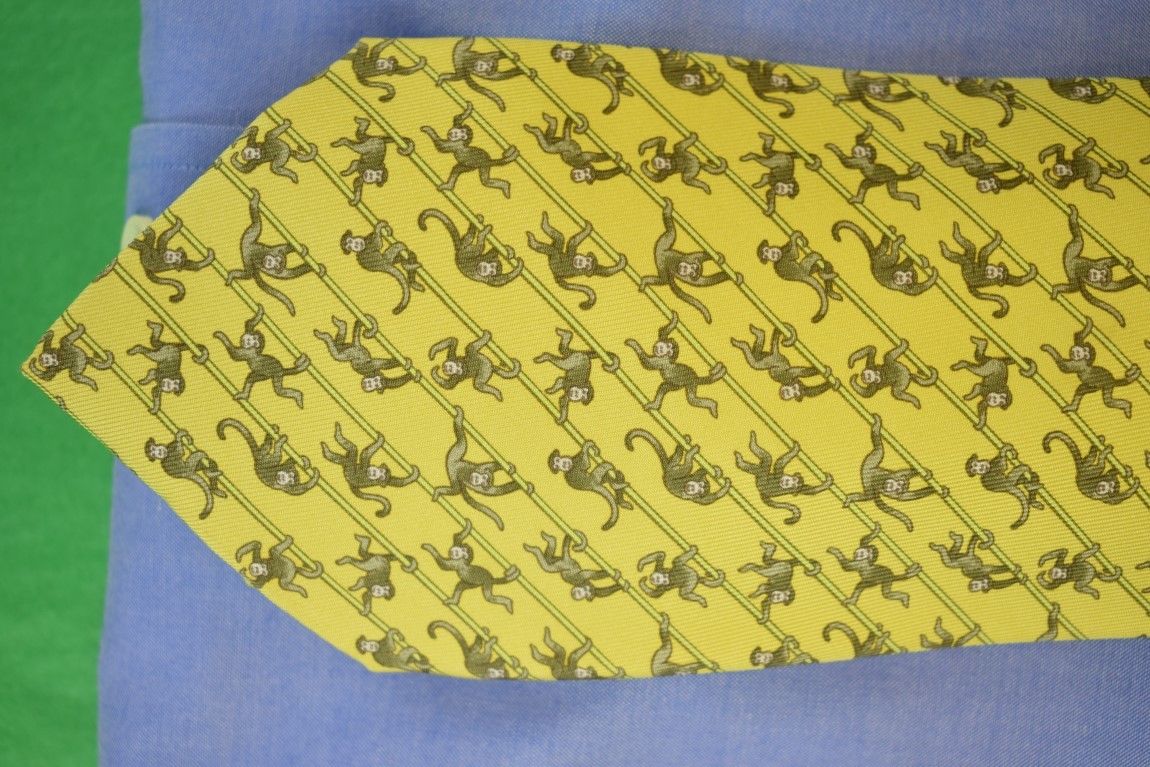 "Hermes of Paris Dangling Monkeys Chartreuse Silk Tie" New w Tag!