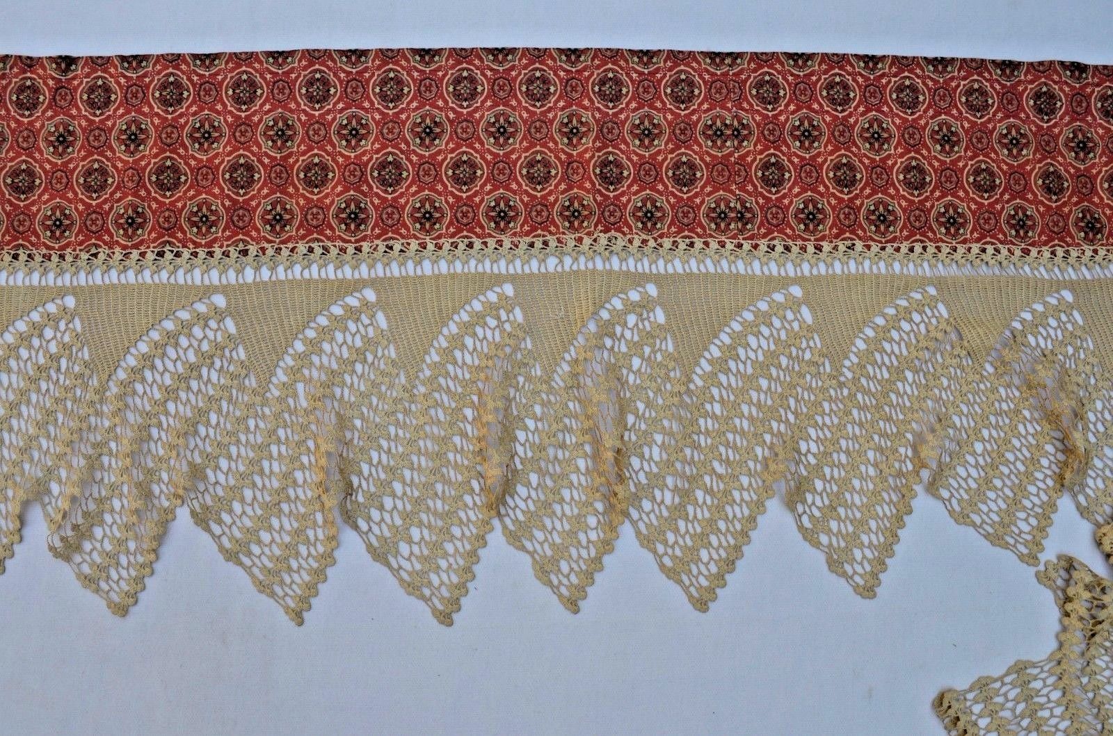 Antique French Textile Fabric Crochet Long Lace Valance Trim Curtain Panel RARE