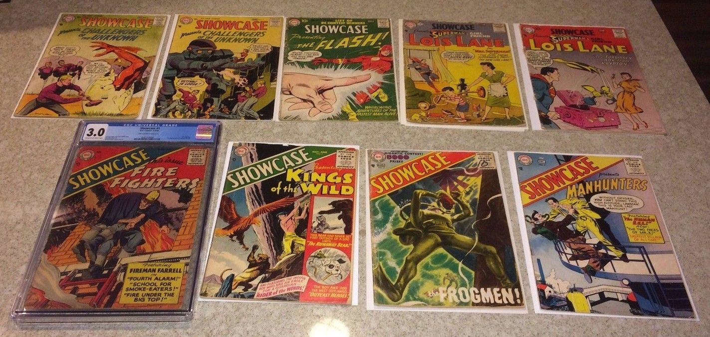 Showcase 1, 2, 3, 5, 6, 7, 8, 9, 10.  A tough to find set of comics- affordable!