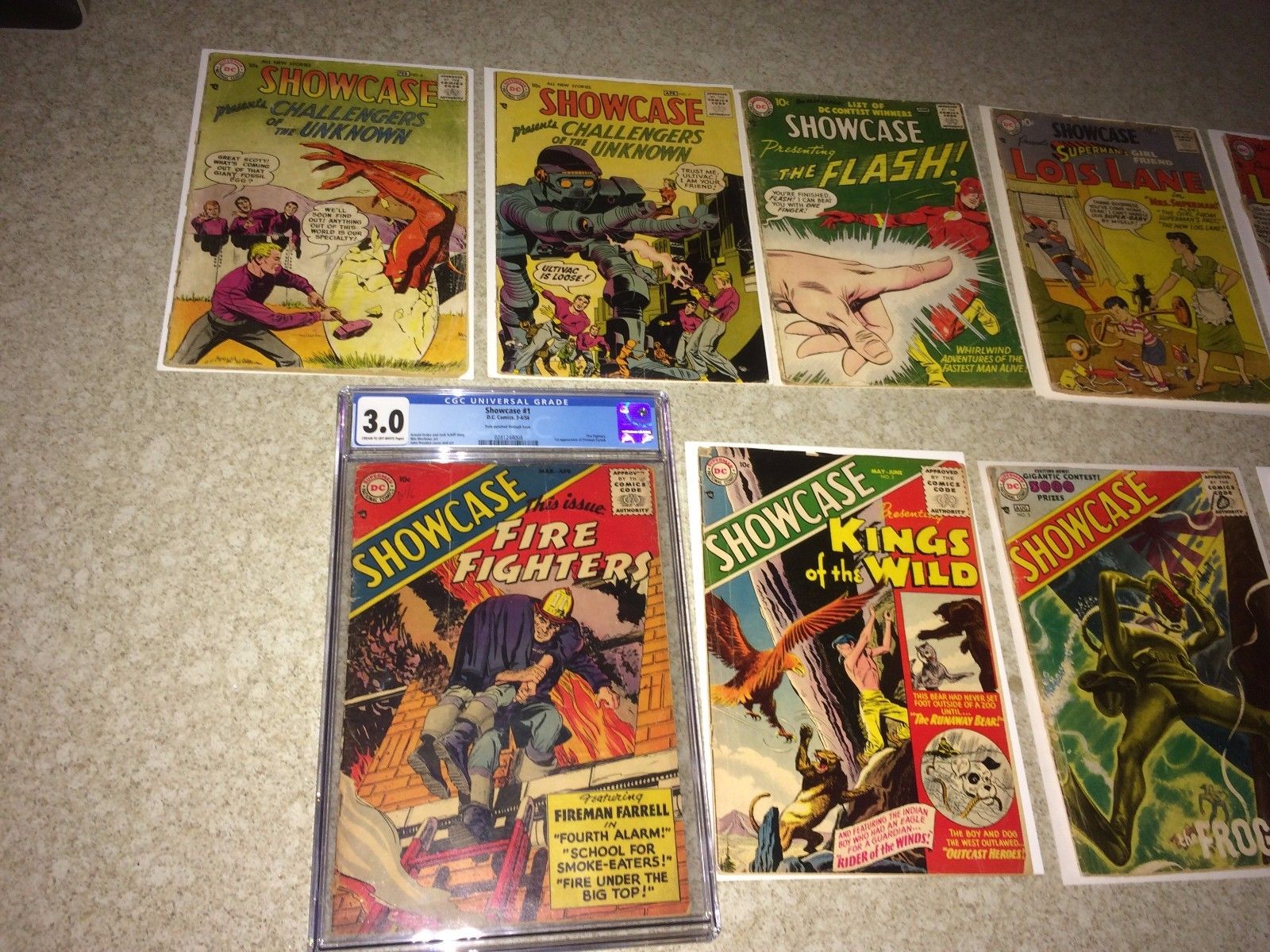 Showcase 1, 2, 3, 5, 6, 7, 8, 9, 10.  A tough to find set of comics- affordable!