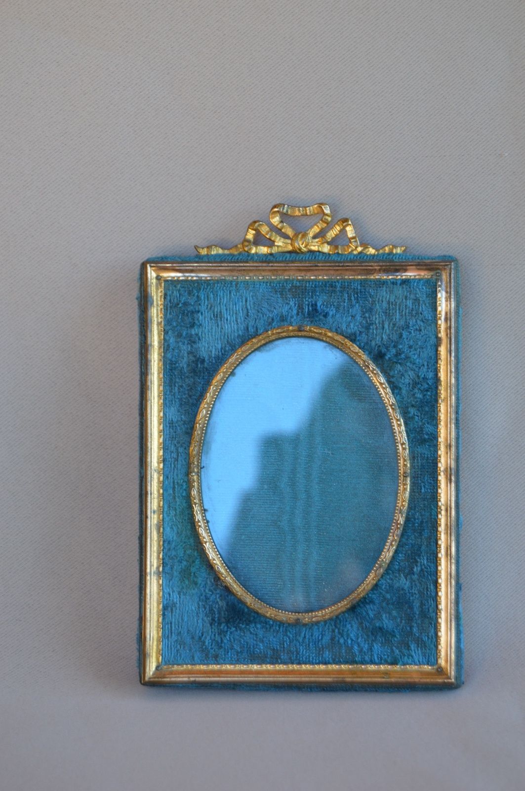 Antique French Photo Picture Frame - Gilded Brass & Blue Fabric - 19th.c