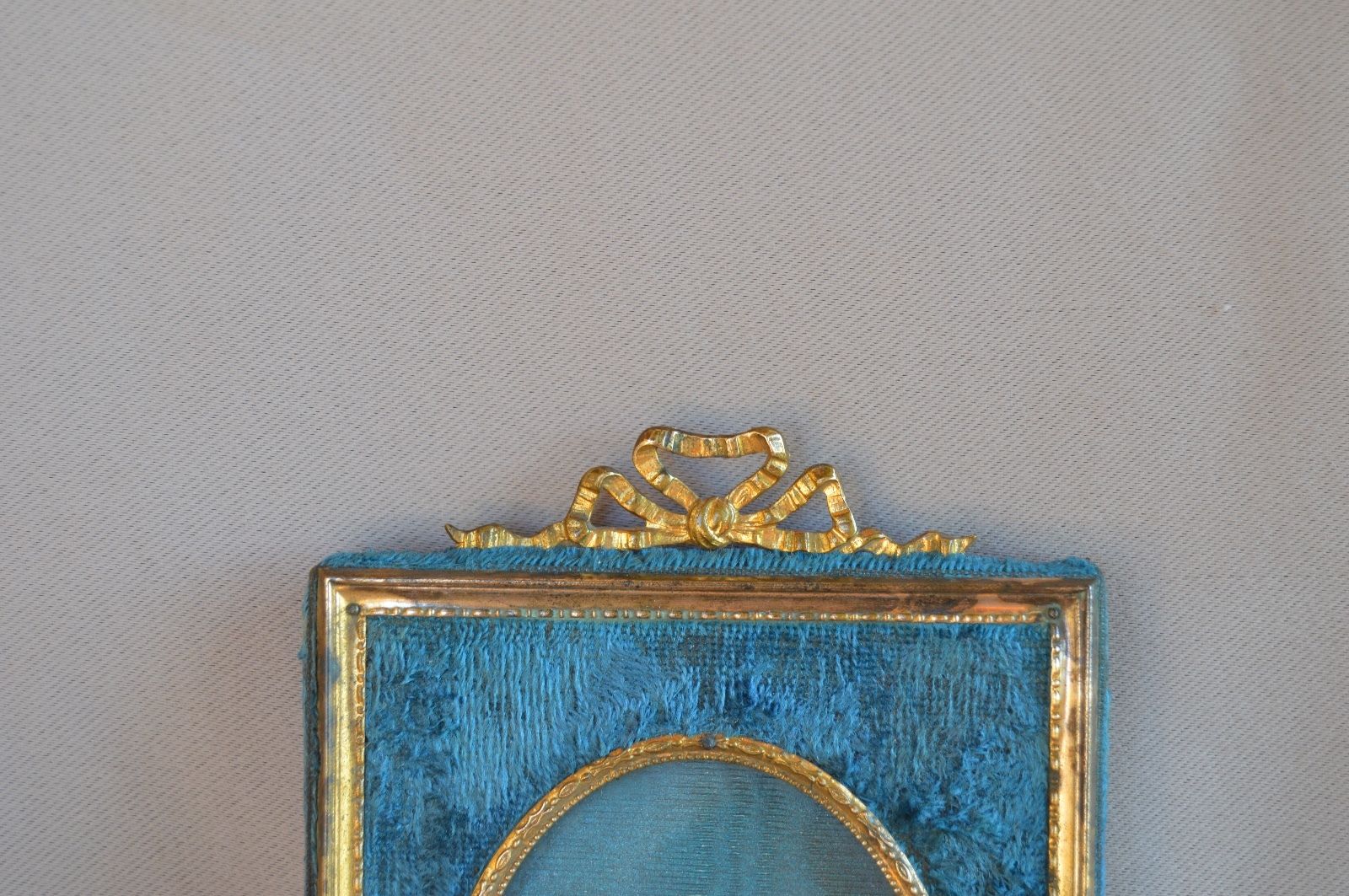 Antique French Photo Picture Frame - Gilded Brass & Blue Fabric - 19th.c