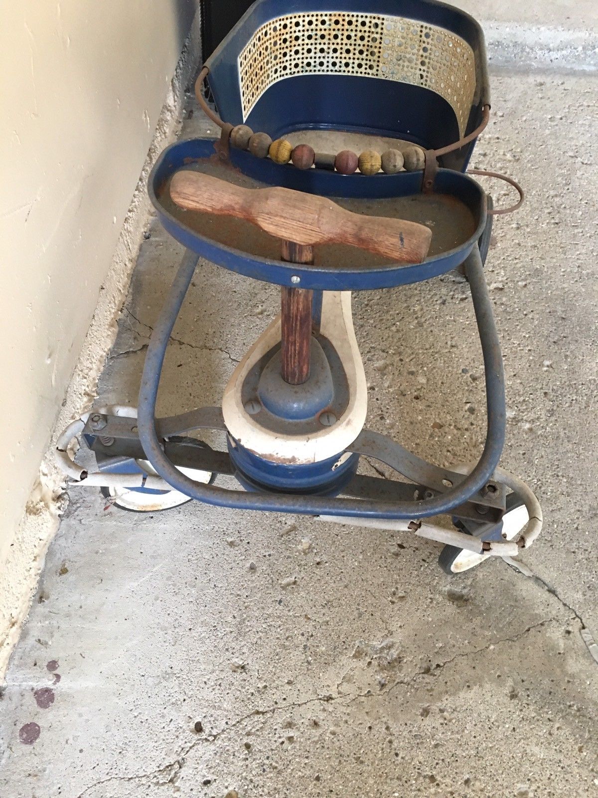 Vintage 1950s Genuine TAYLOR TOT Blue White Metal Wooden Baby Stroller Walker