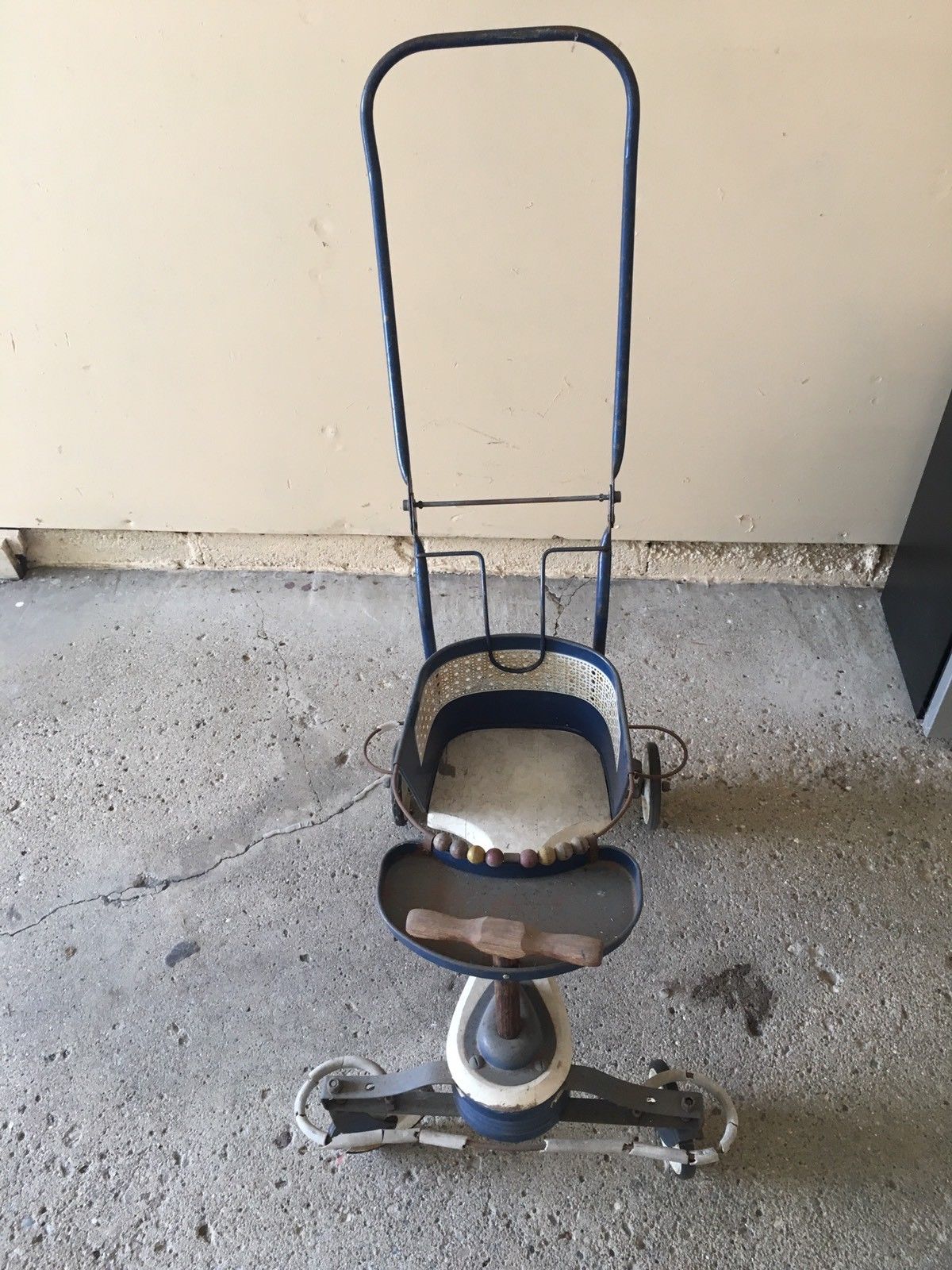 Vintage 1950s Genuine TAYLOR TOT Blue White Metal Wooden Baby Stroller Walker