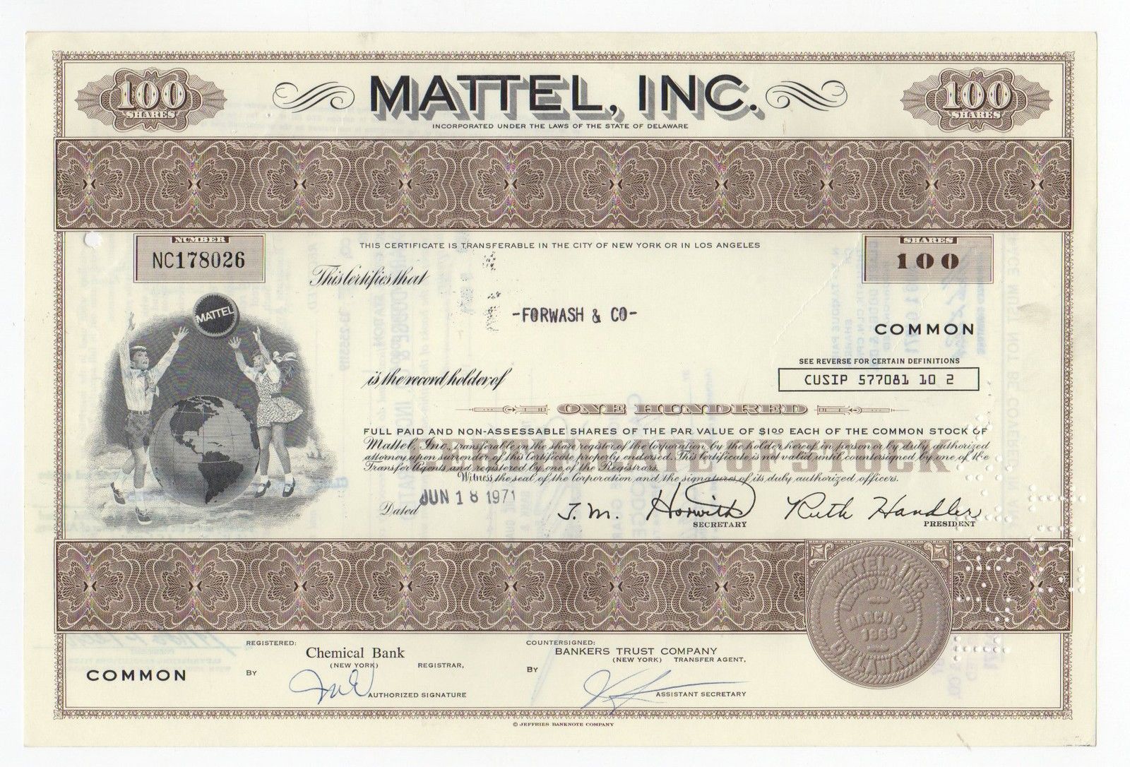 Mattel, Inc. Stock Certificate