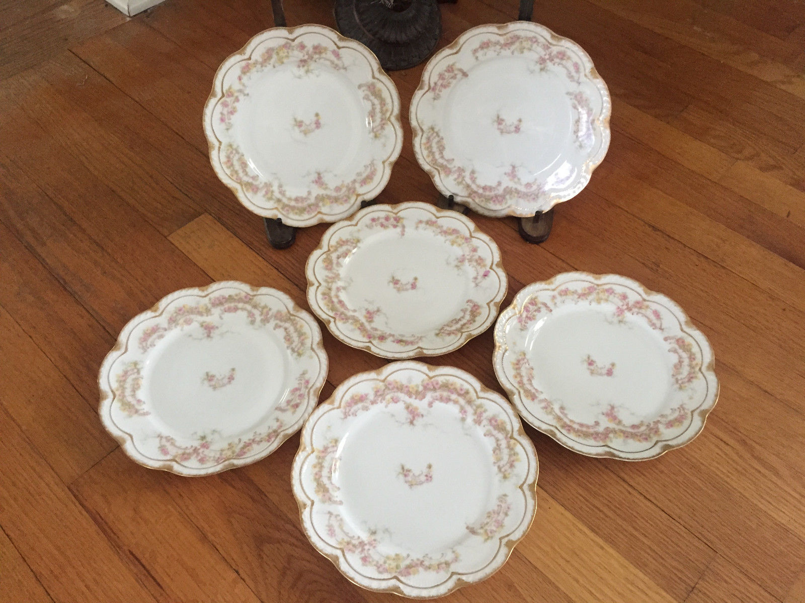 Haviland Limoges  6 Luncheon Plates~Pink & Yellow Roses Double Gold Trim