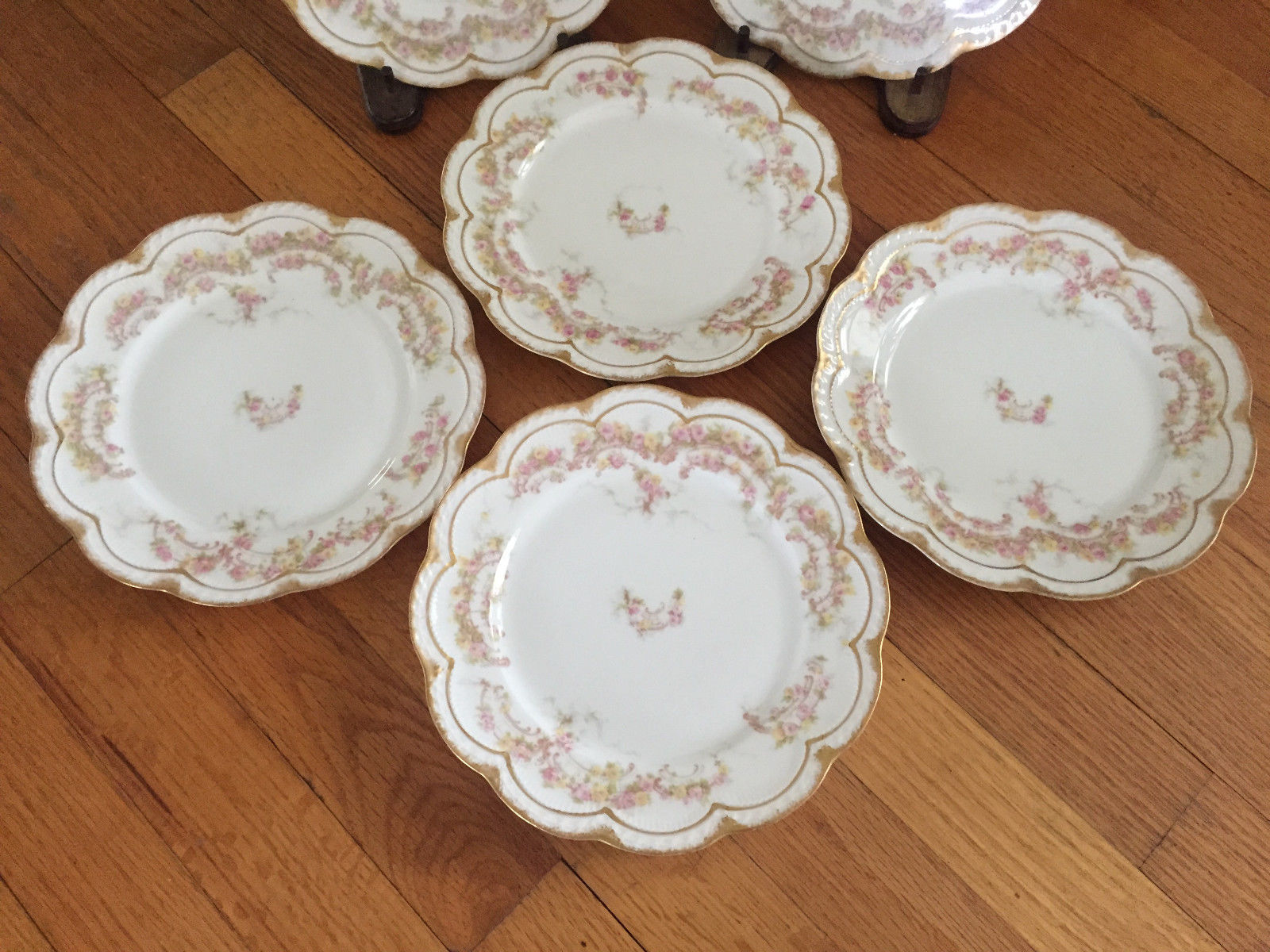 Haviland Limoges  6 Luncheon Plates~Pink & Yellow Roses Double Gold Trim