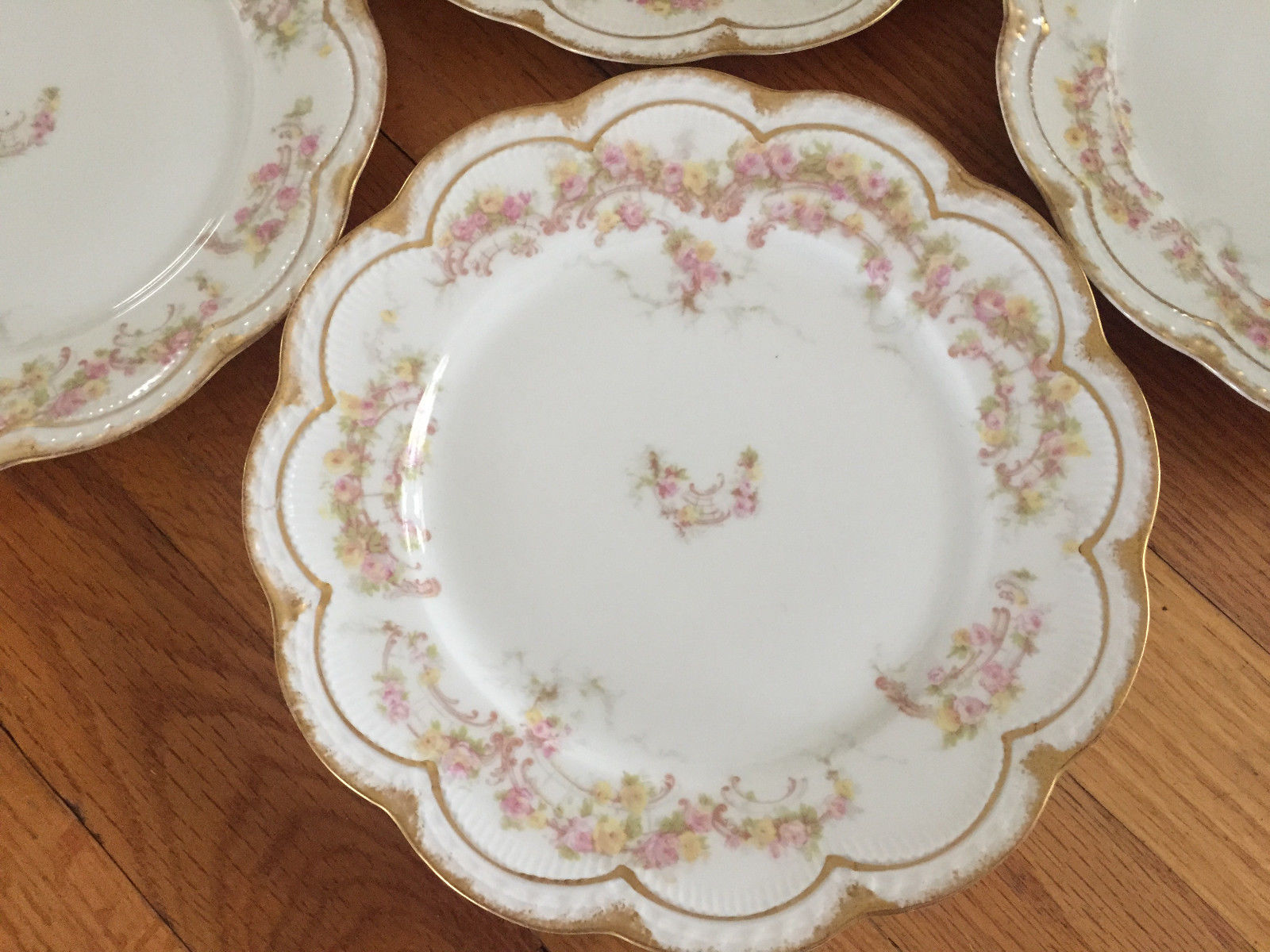 Haviland Limoges  6 Luncheon Plates~Pink & Yellow Roses Double Gold Trim