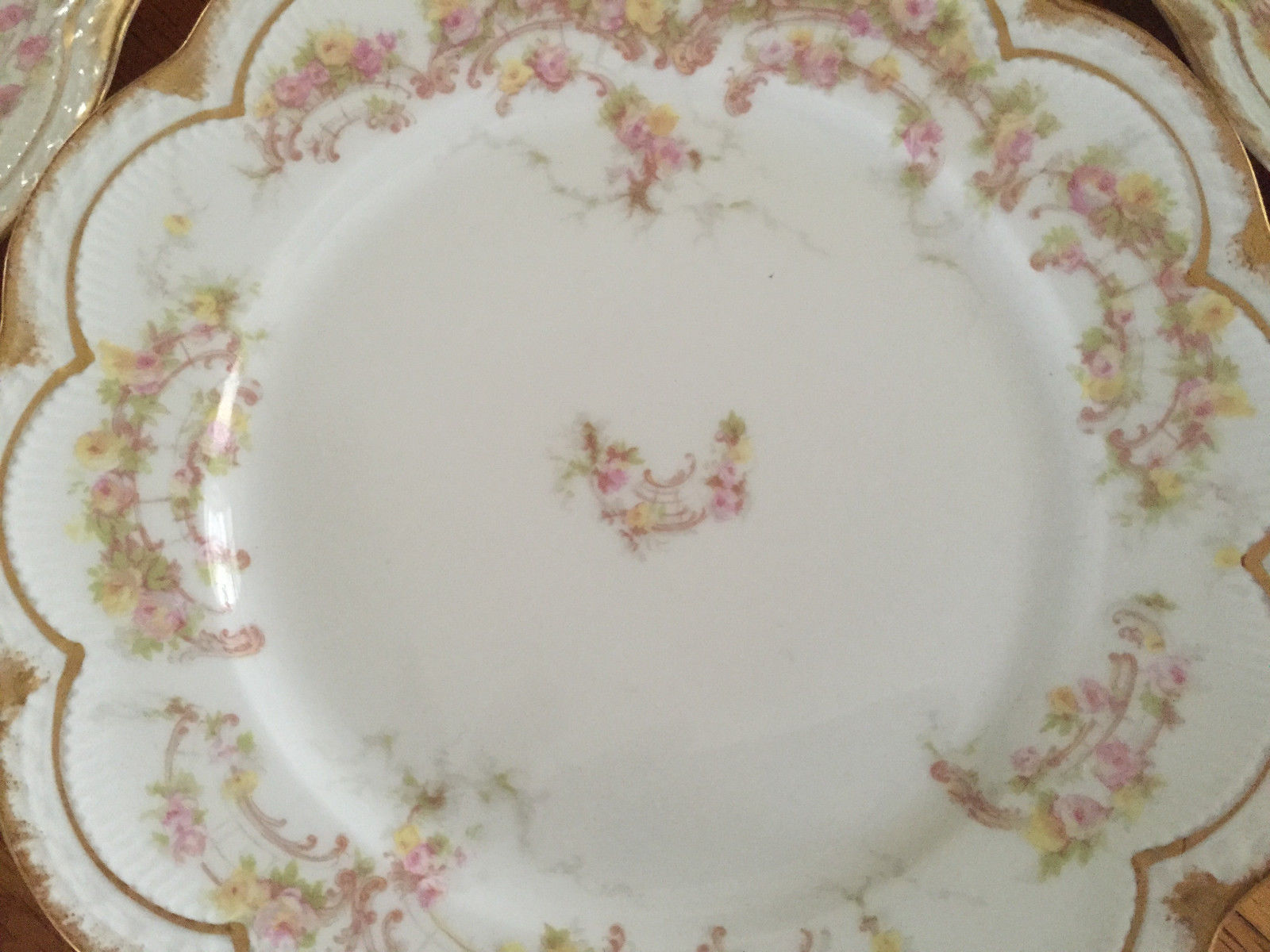 Haviland Limoges  6 Luncheon Plates~Pink & Yellow Roses Double Gold Trim