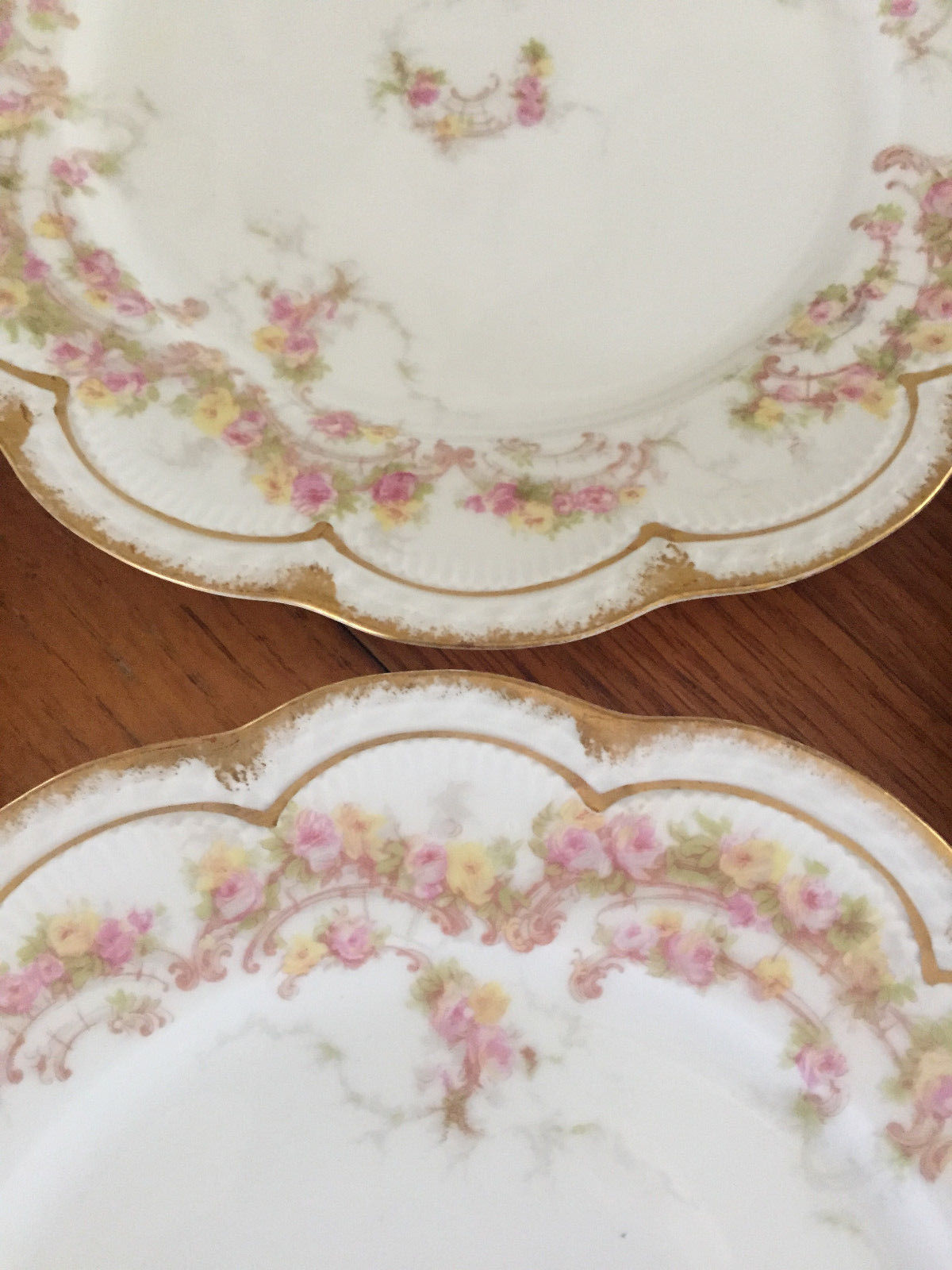 Haviland Limoges  6 Luncheon Plates~Pink & Yellow Roses Double Gold Trim