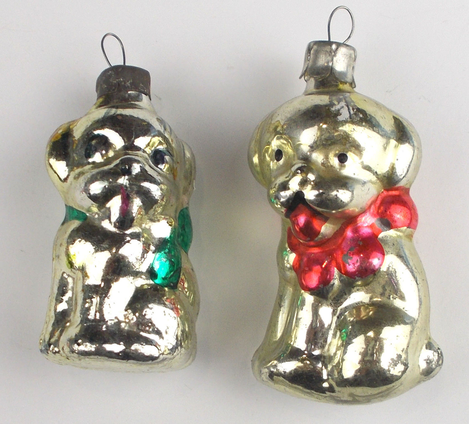 2 Vintage Russian USSR Silver Glass Christmas X-mas Tree Ornaments Puppies