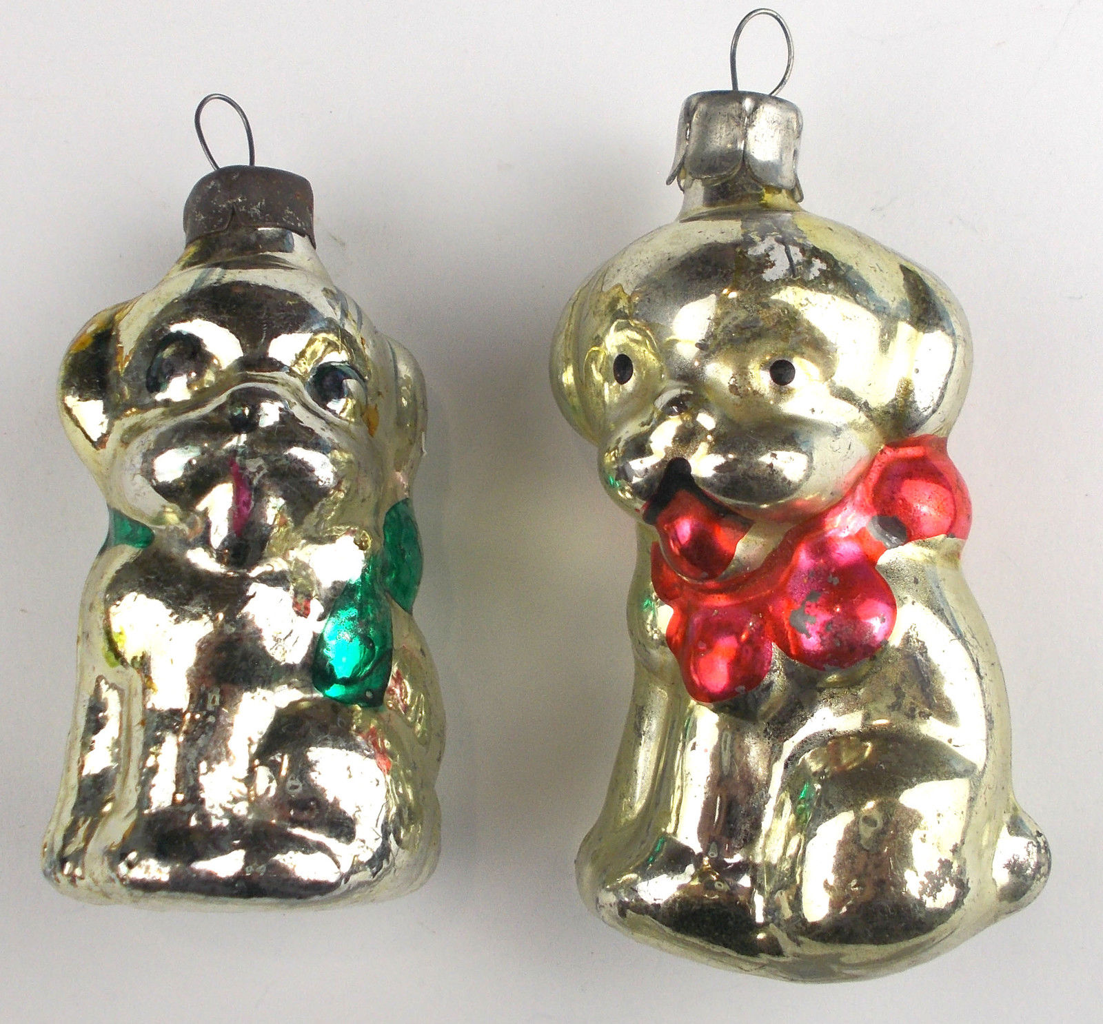 2 Vintage Russian USSR Silver Glass Christmas X-mas Tree Ornaments Puppies