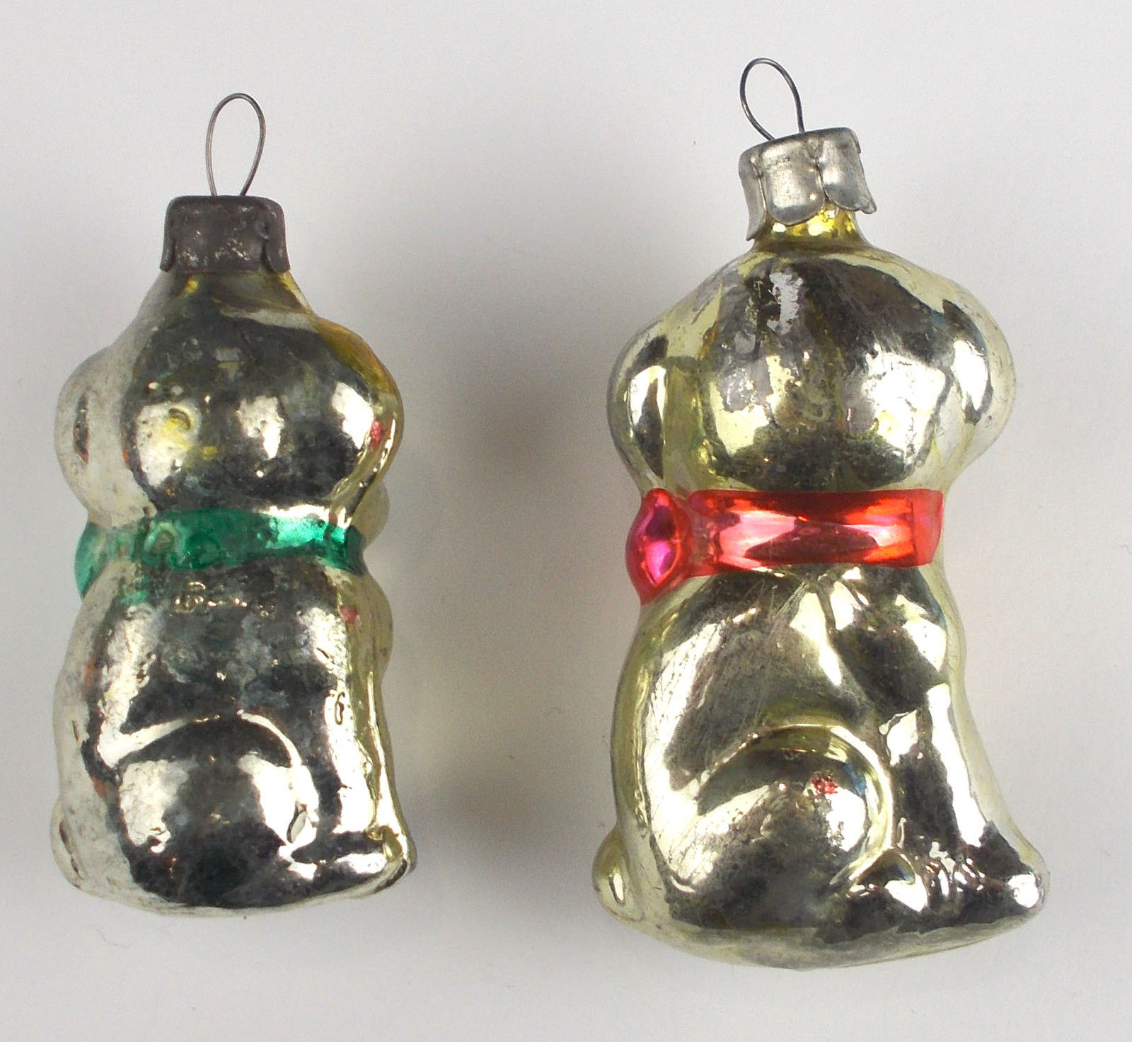 2 Vintage Russian USSR Silver Glass Christmas X-mas Tree Ornaments Puppies