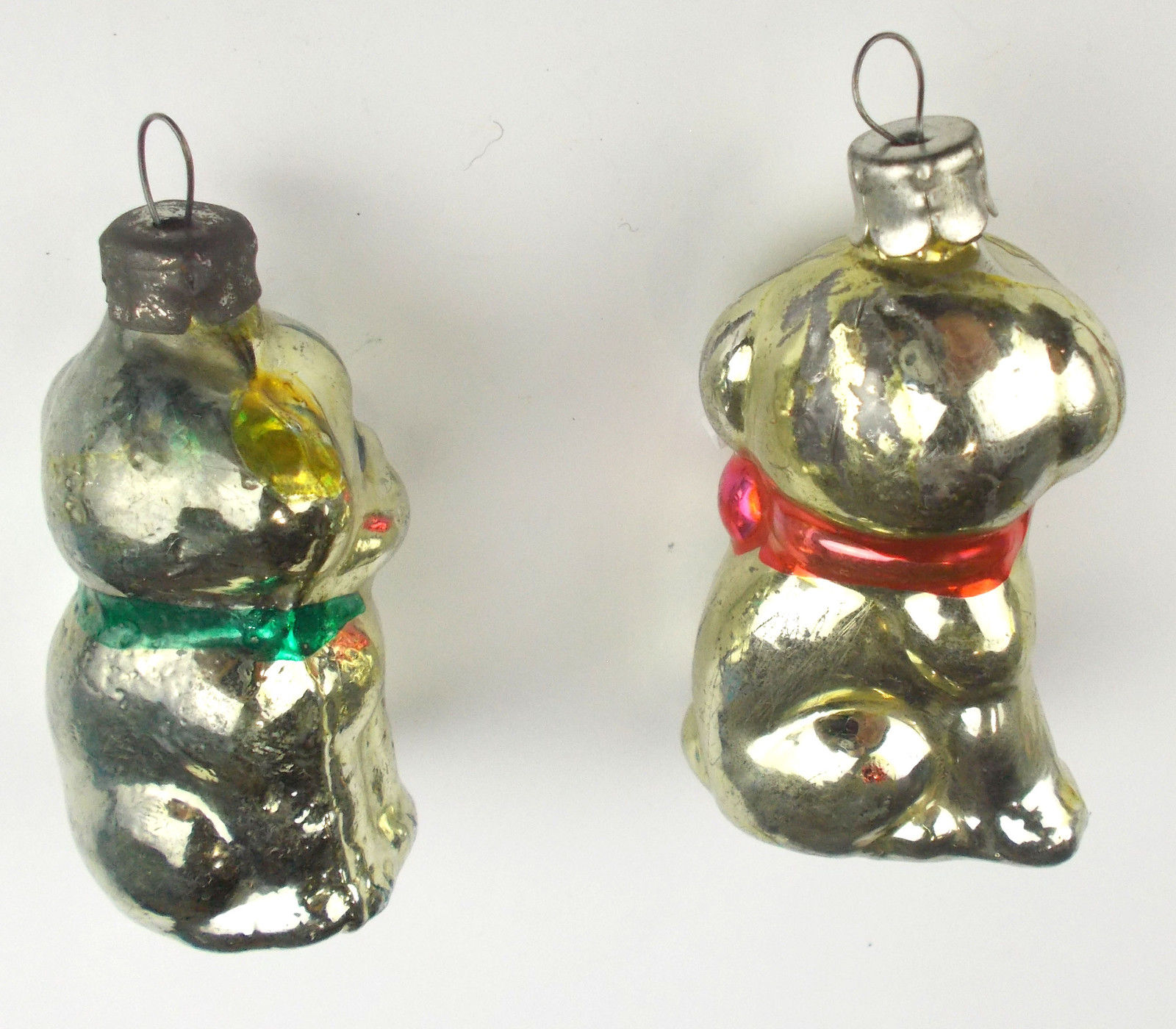 2 Vintage Russian USSR Silver Glass Christmas X-mas Tree Ornaments Puppies