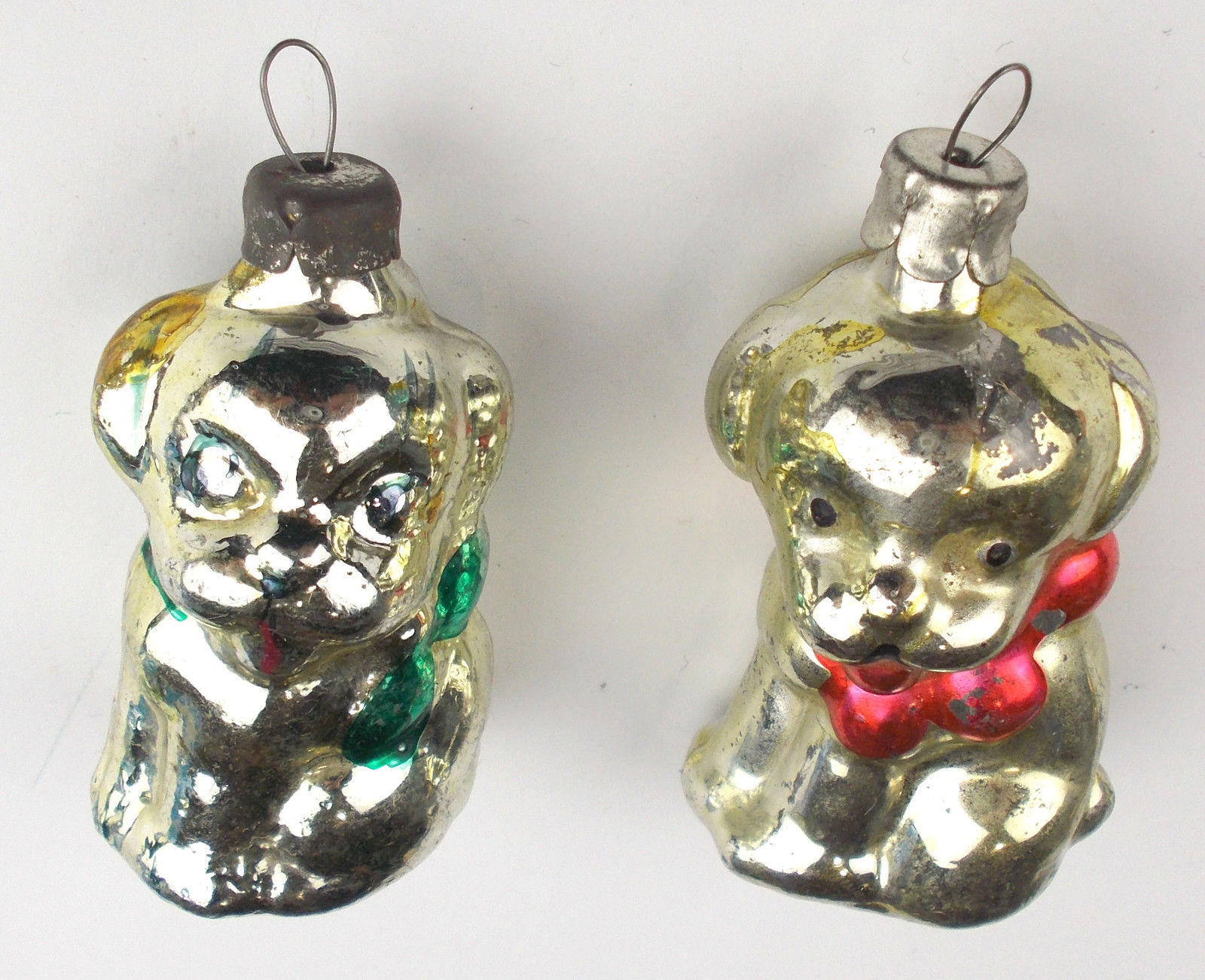 2 Vintage Russian USSR Silver Glass Christmas X-mas Tree Ornaments Puppies