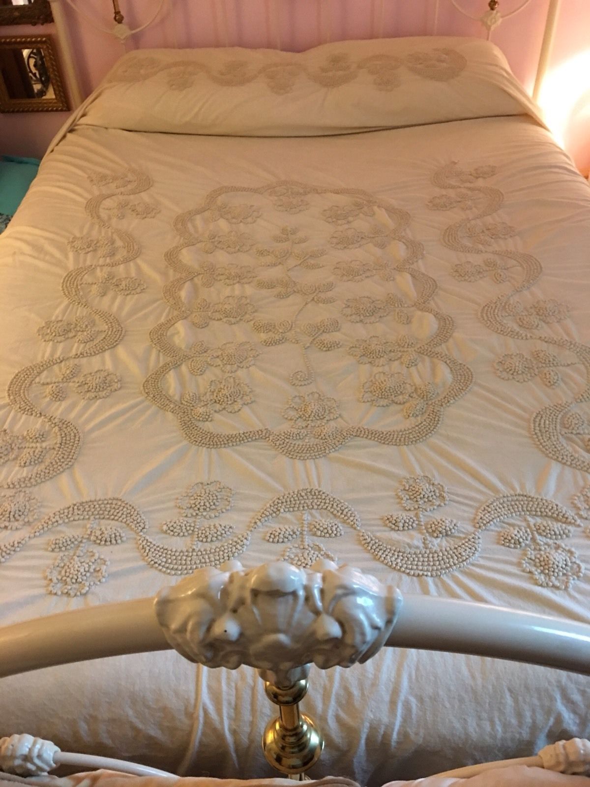 Antique Bedspread Coverlet Beige Cream Handmade Embroidery Floral and Swirls