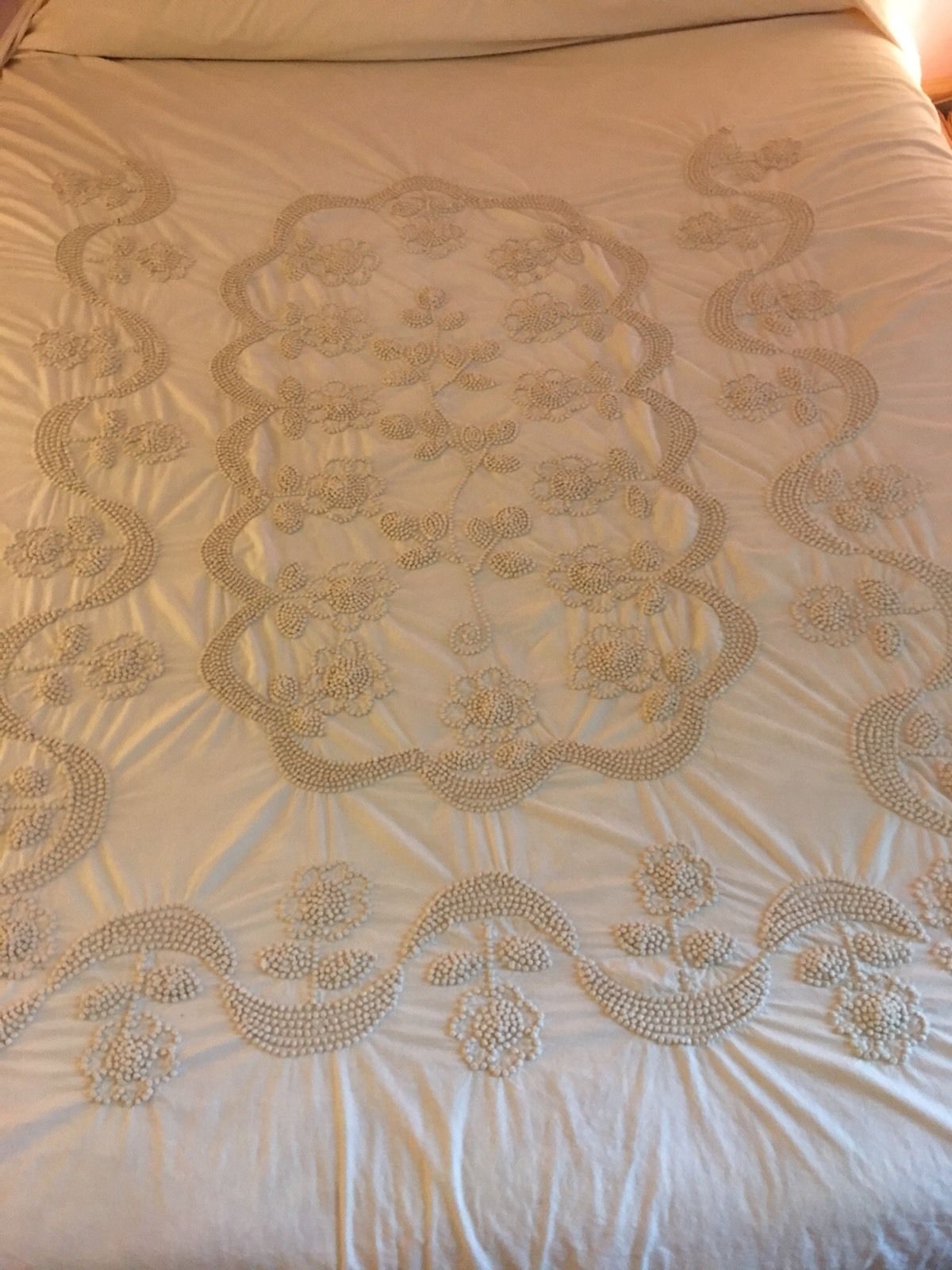 Antique Bedspread Coverlet Beige Cream Handmade Embroidery Floral and Swirls