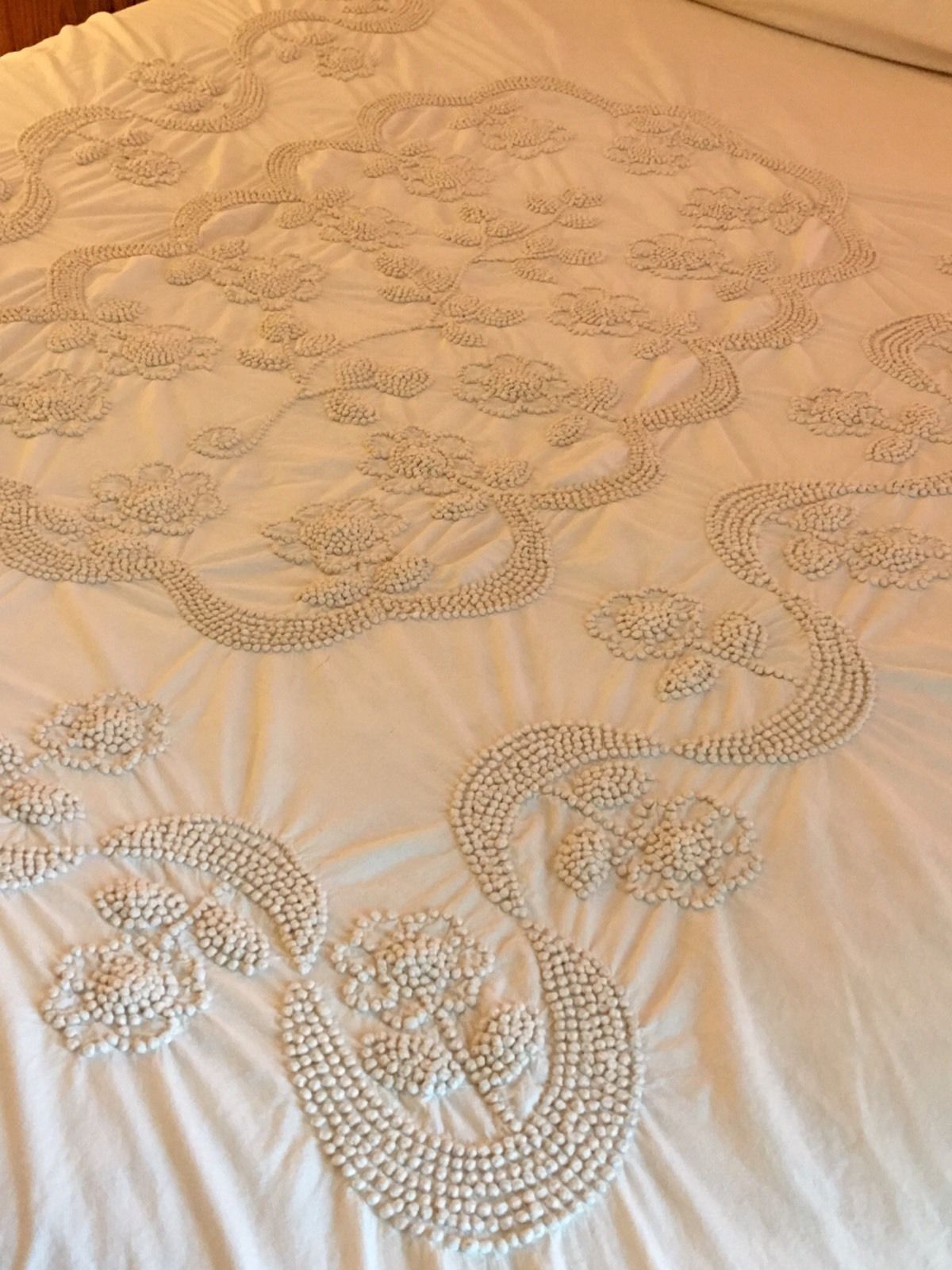 Antique Bedspread Coverlet Beige Cream Handmade Embroidery Floral and Swirls