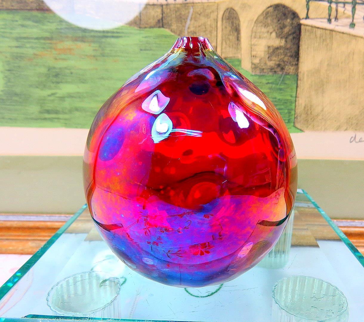 ART GLASS HAND BLOWN RED IRIDESCENT BALL SHAPED 3 1/2" OIL LAMP / VASE