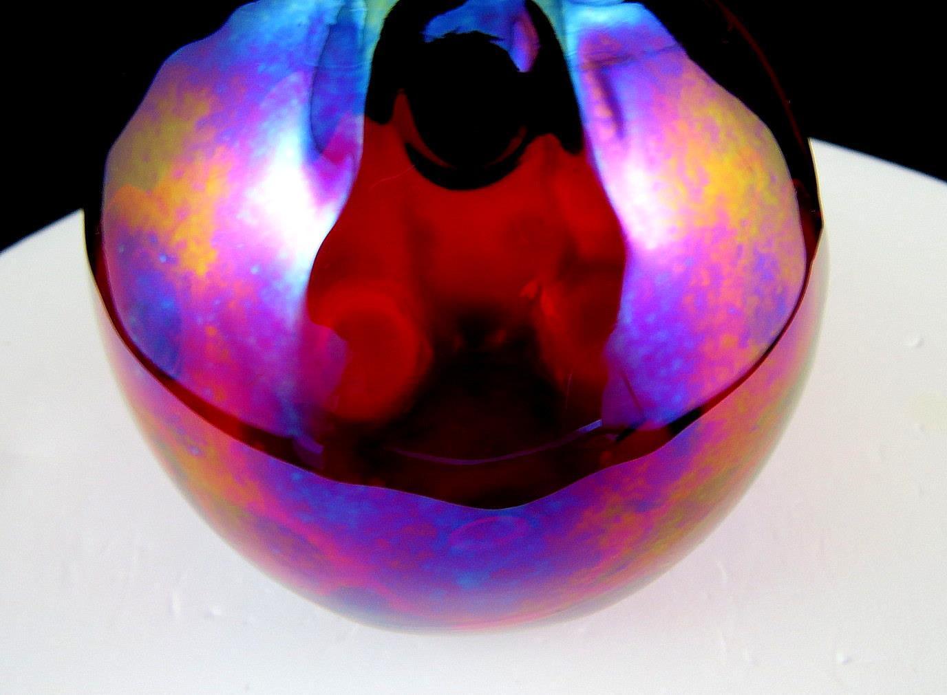 ART GLASS HAND BLOWN RED IRIDESCENT BALL SHAPED 3 1/2" OIL LAMP / VASE