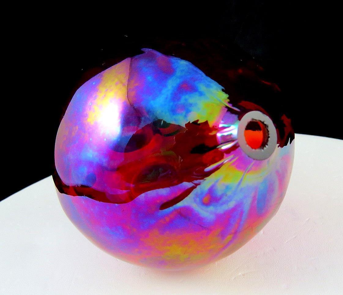 ART GLASS HAND BLOWN RED IRIDESCENT BALL SHAPED 3 1/2" OIL LAMP / VASE