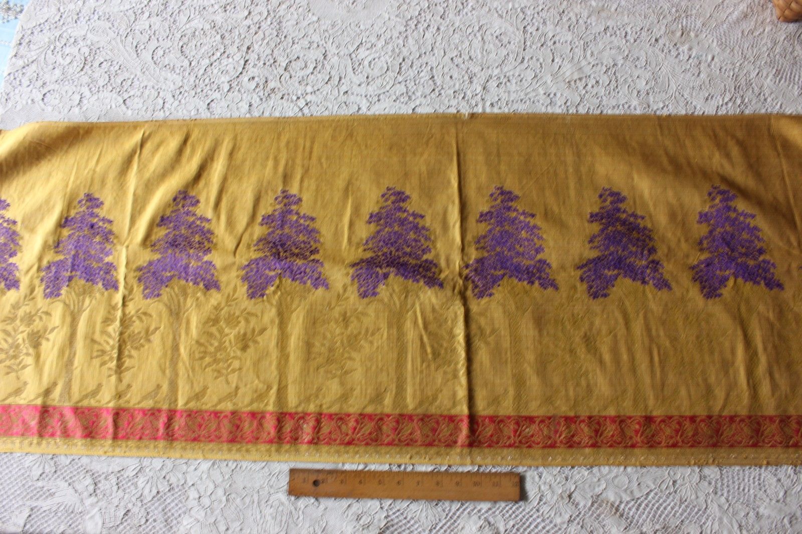 Exquisite French Antique 19th Hand Loomed Bird & Tree Gold Metallic Silk Brocade