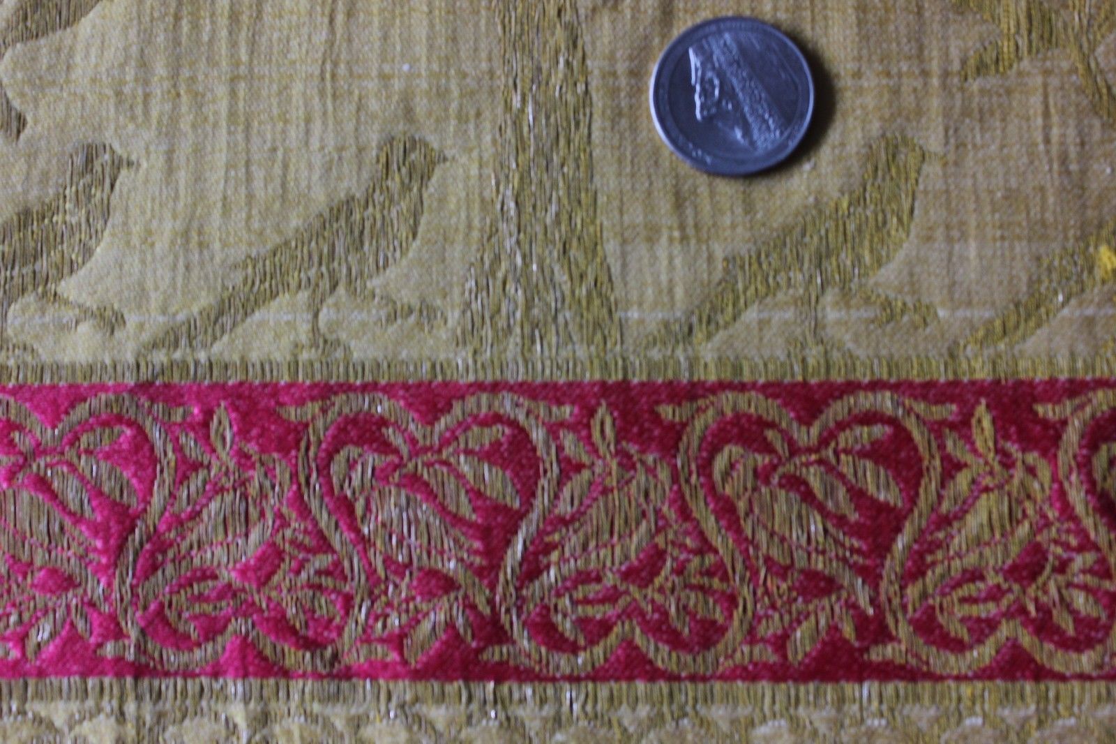 Exquisite French Antique 19th Hand Loomed Bird & Tree Gold Metallic Silk Brocade