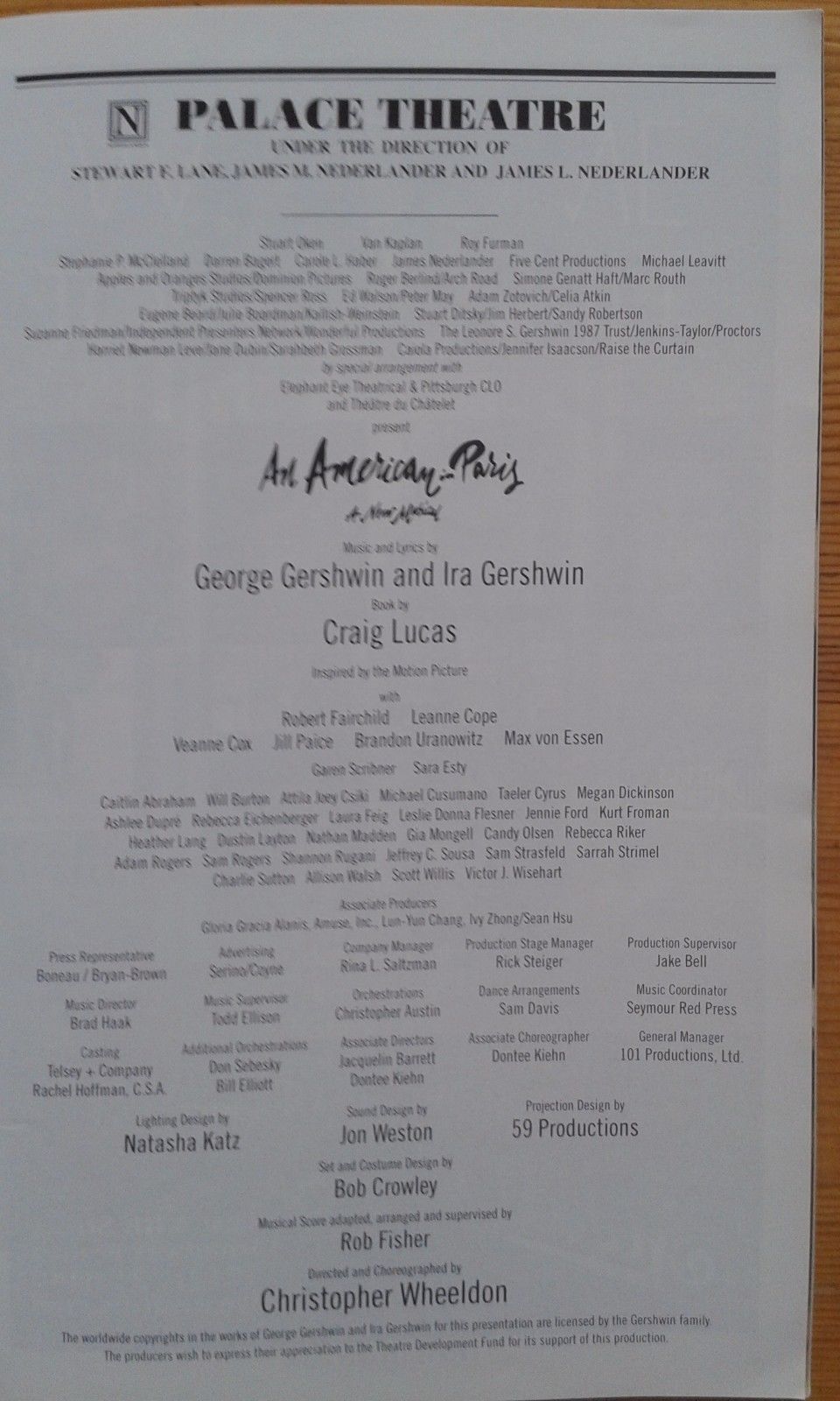 Cast signed An American In Paris Playbill programme Palace Theatre NY Sept 2015