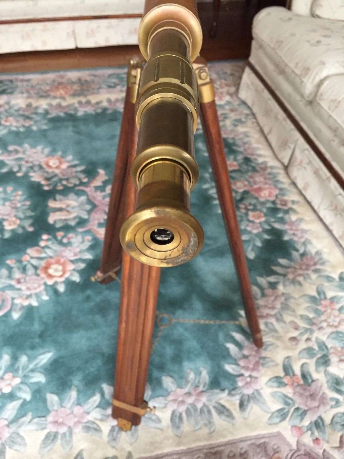 Vintage Brass Library Telescope with Brass and Wood Tripod Base Maker?