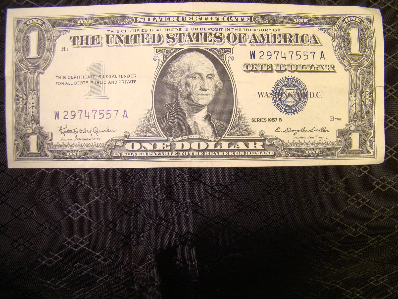 One Dollar Blue Seal Silver Certificate Series 1957 B Serial Number W 29747557 A