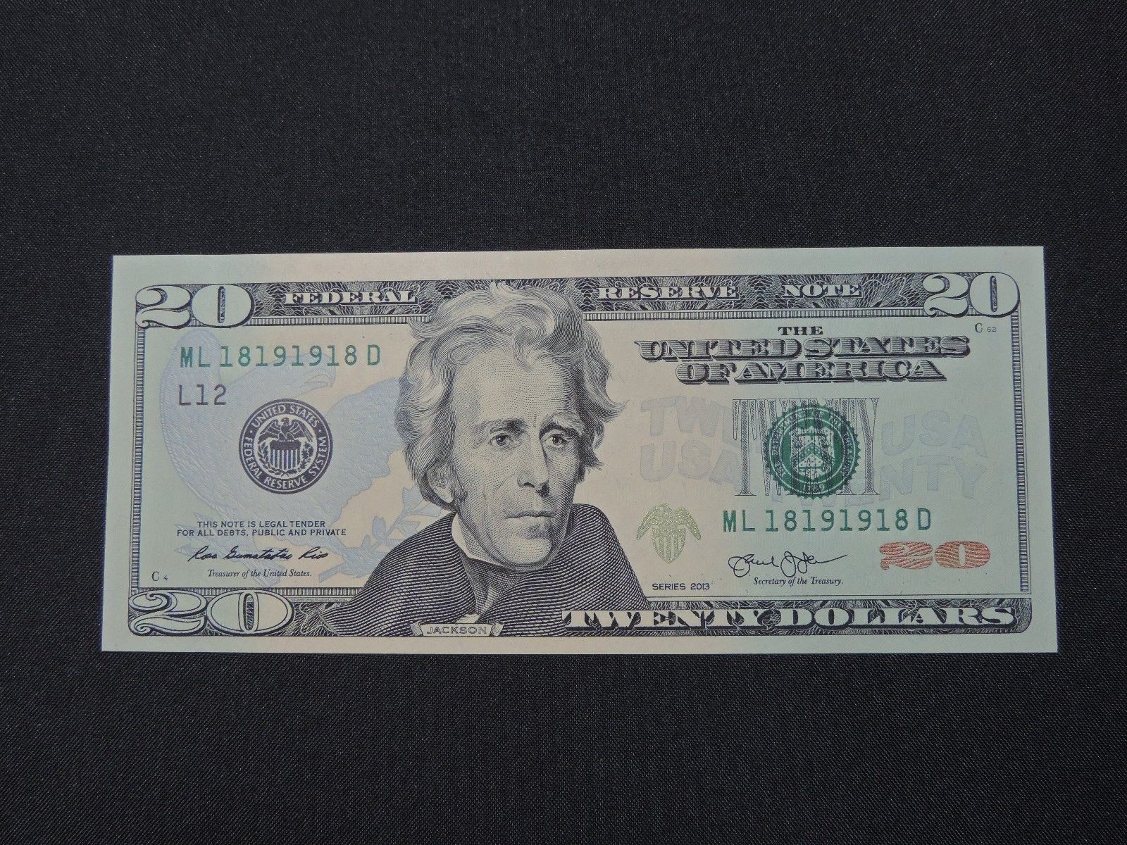 2013 $20 US DOLLAR BANK NOTE ML 18191918 D REPEATER NEAR BINARY BILL UNC CU USD