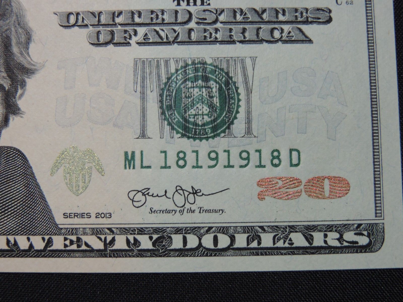 2013 $20 US DOLLAR BANK NOTE ML 18191918 D REPEATER NEAR BINARY BILL UNC CU USD